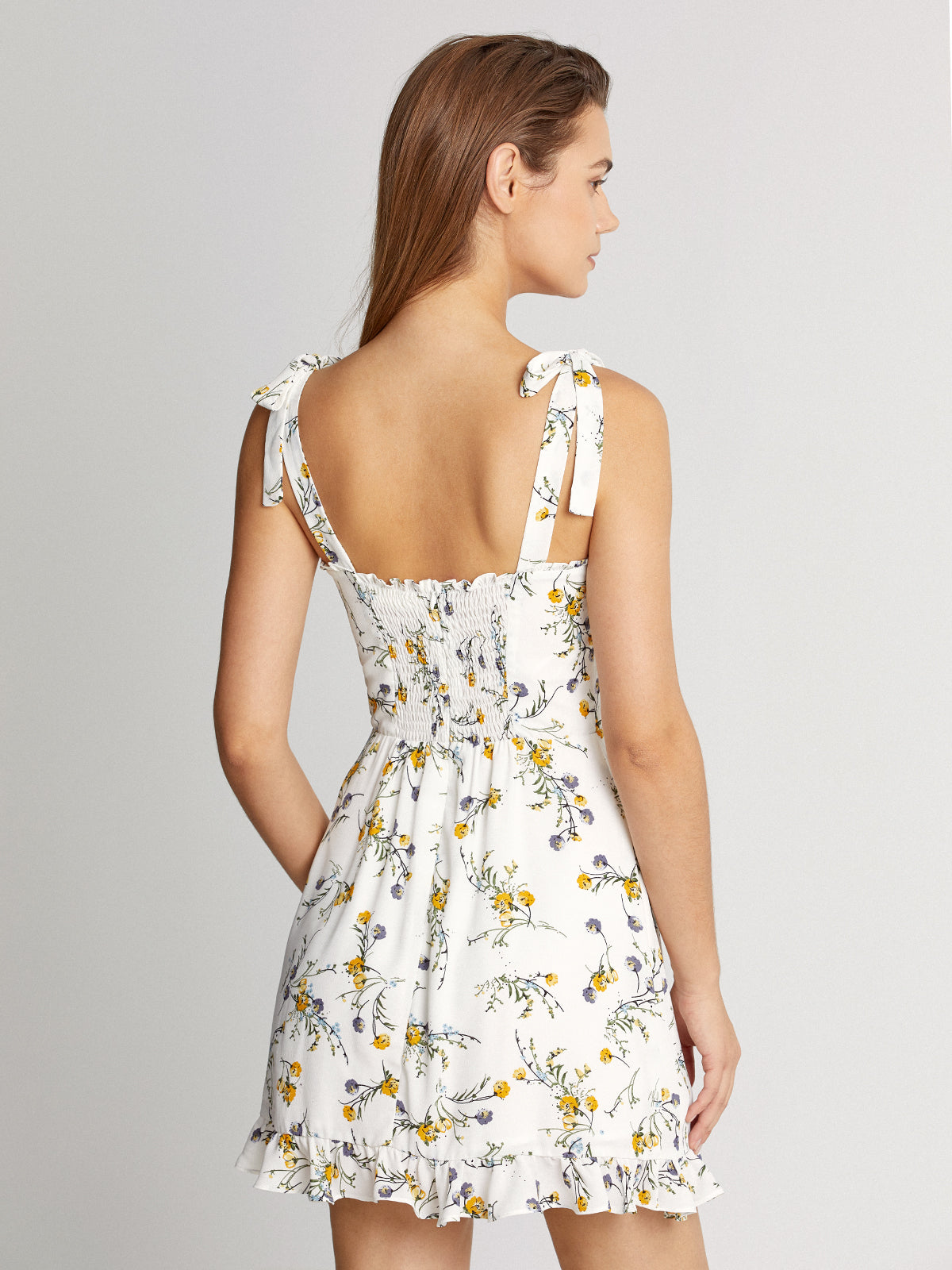 Thecomense - Ruffle Hem Tie Strap Garden Floral Stem Mini Dress