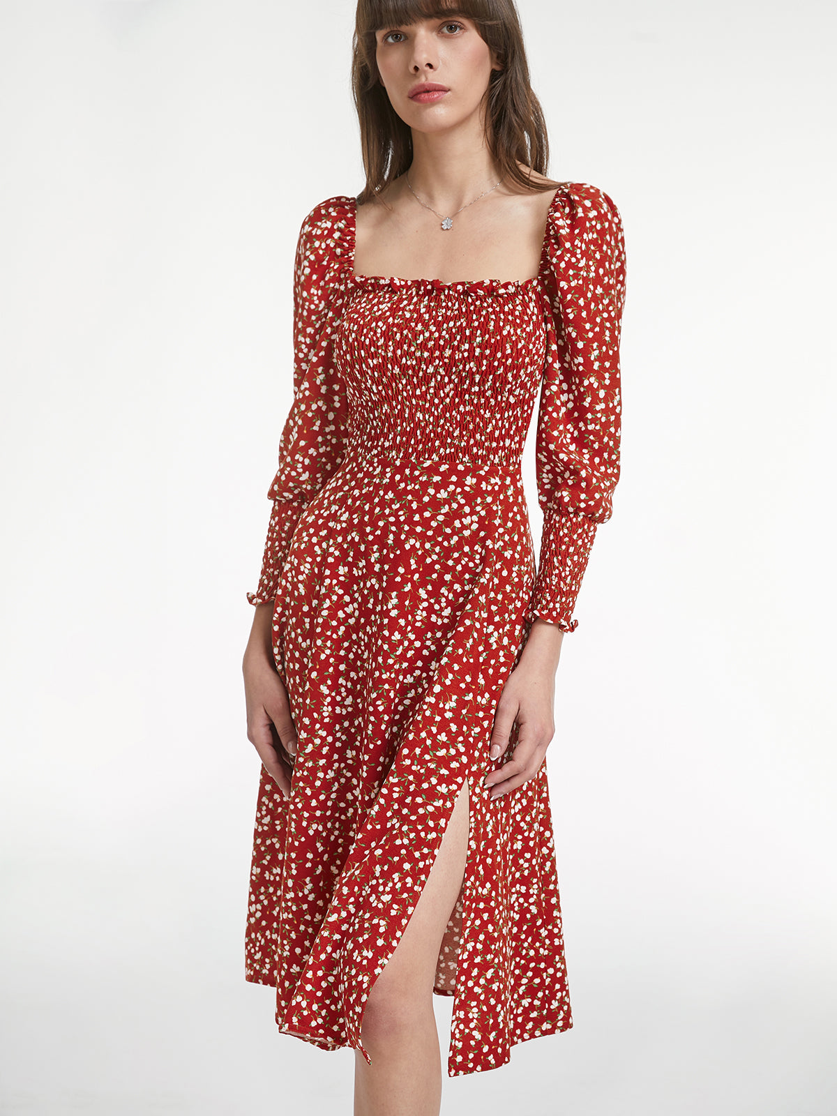 Thecomense - Long Puff Sleeve Square Neck Rosy Floral Ruche Dress