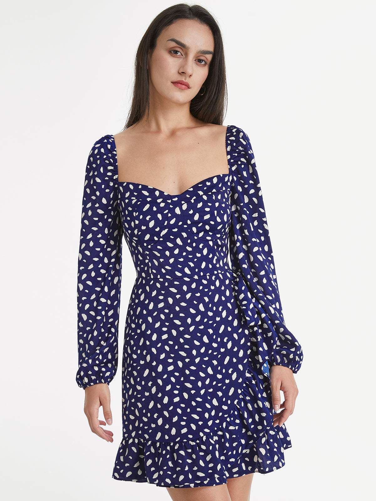 Thecomense - Sweetheart Long Puff Sleeve Printed Mini Ruffle Dress