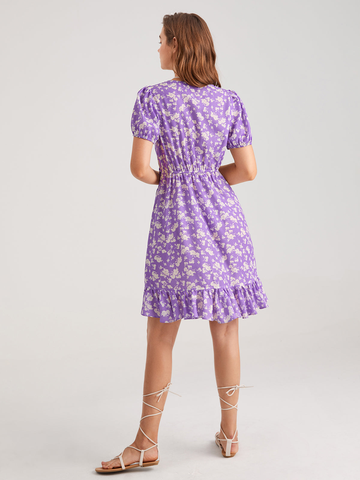 Thecomense - Mauve Sweetheart Floral Ruffle Side Tie Dress