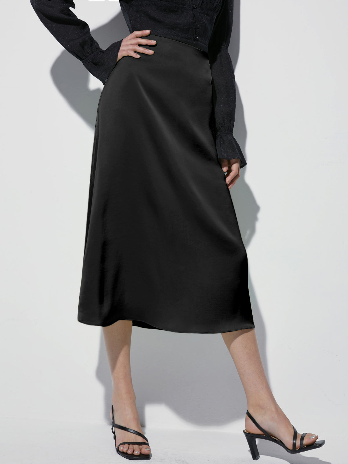 Thecomense - High Waisted Satin Midi Slip Skirt