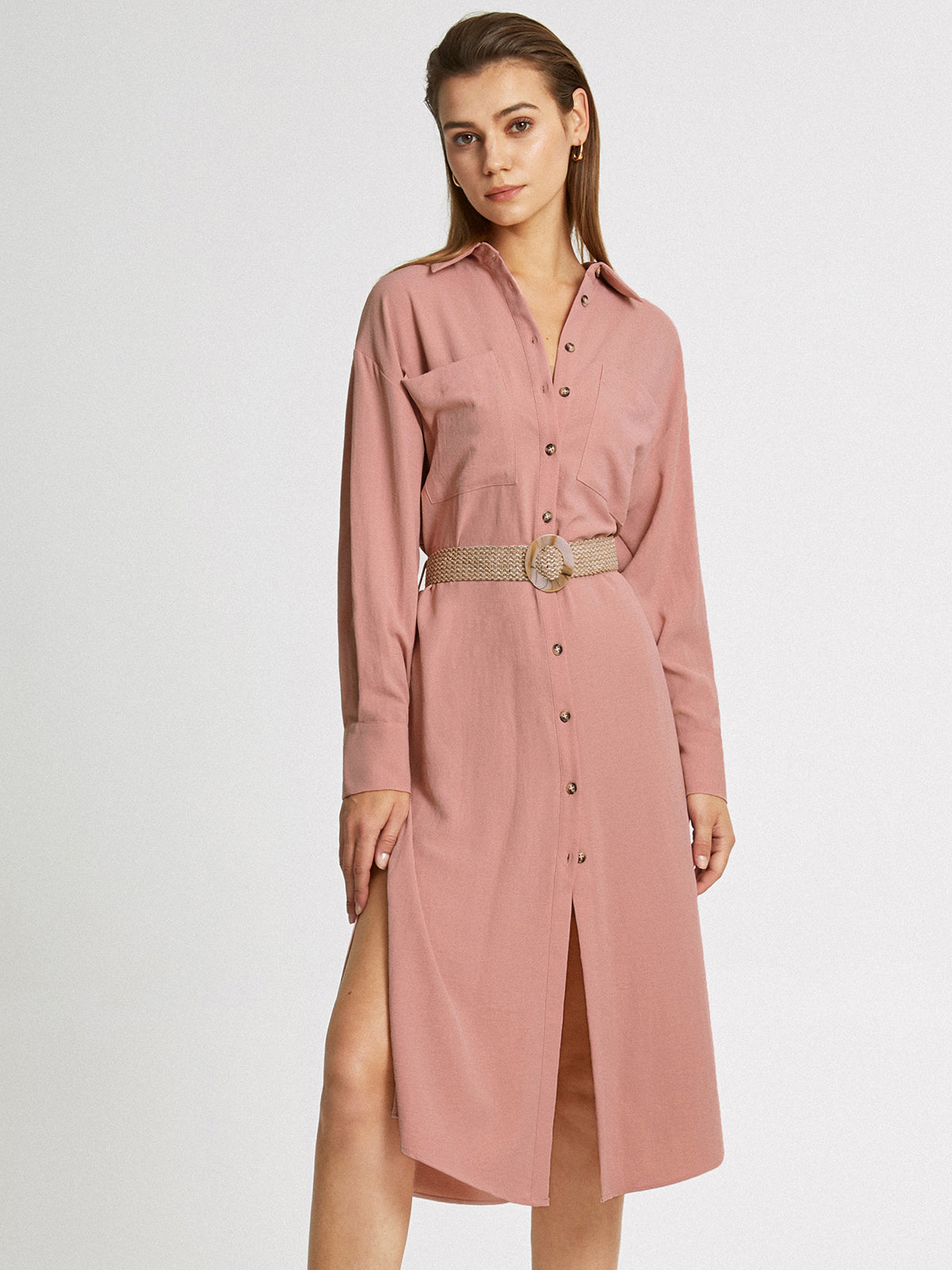 Thecomense - Long Sleeve Button Front Belted Midi Shirt Dress Without Belt