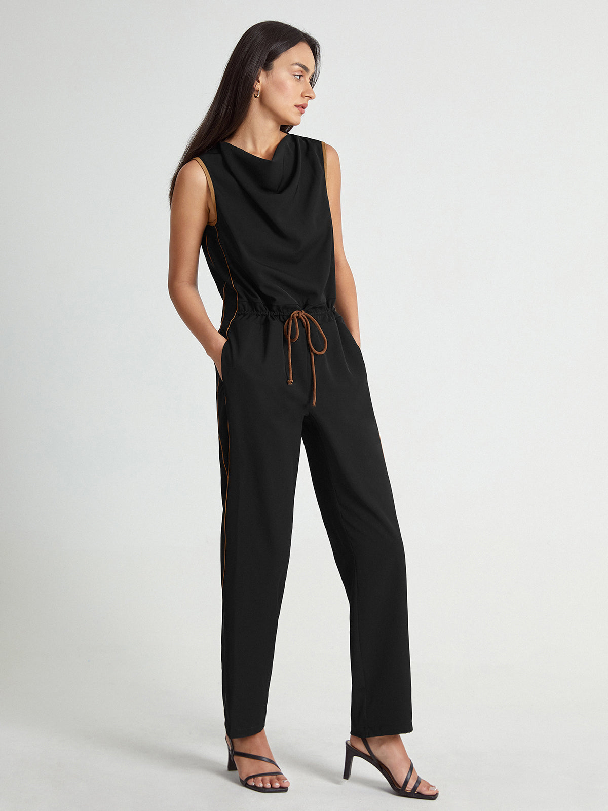 Thecomense - Sleeveless High Square Neck Elastic Waist Tapered Jumpsuit