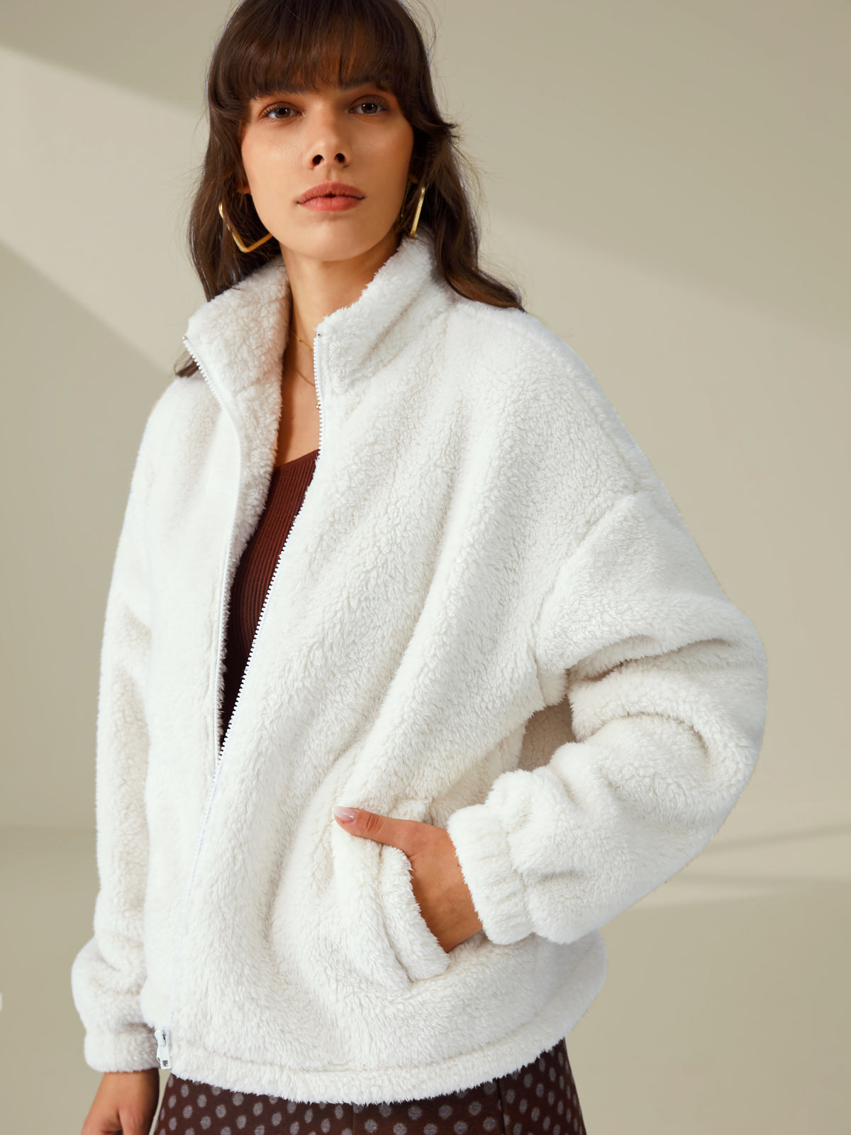 Thecomense - Cozy Drop Shoulder Sherpa Zip Up Funnel Neck Jacket