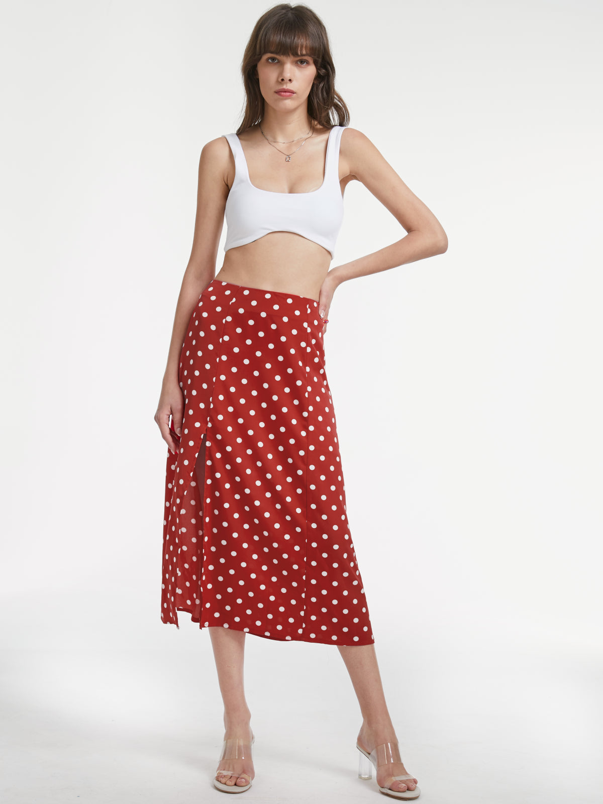 Thecomense - High Waisted Polka Dot Slit Midi Skirt