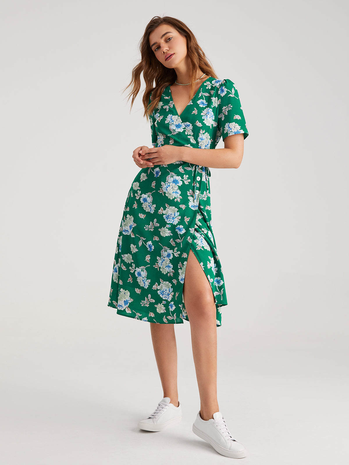 Thecomense - Short Sleeve Floral Contrast Midi Slit Dress