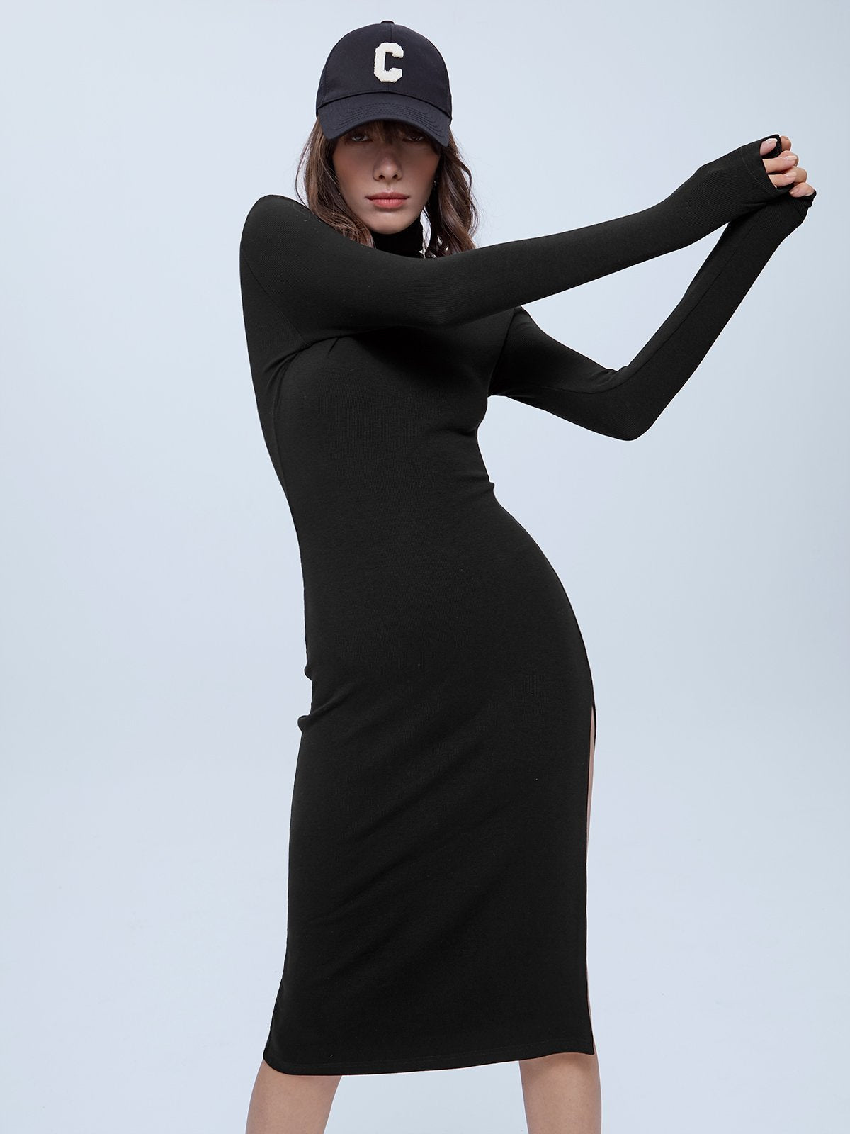 Thecomense - Long Sleeve Turtleneck Slit Sweater Dress
