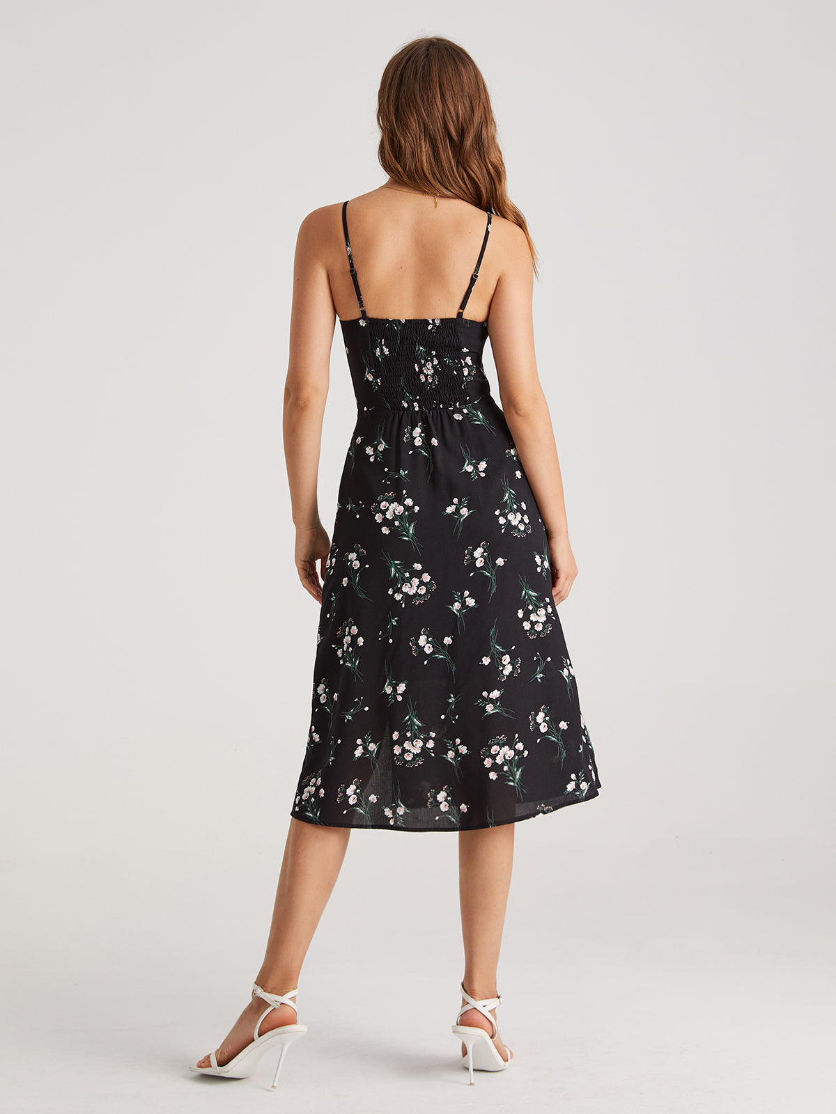 Thecomense - Sweet Pattern Floral Contour Strap Slit Midi Dress