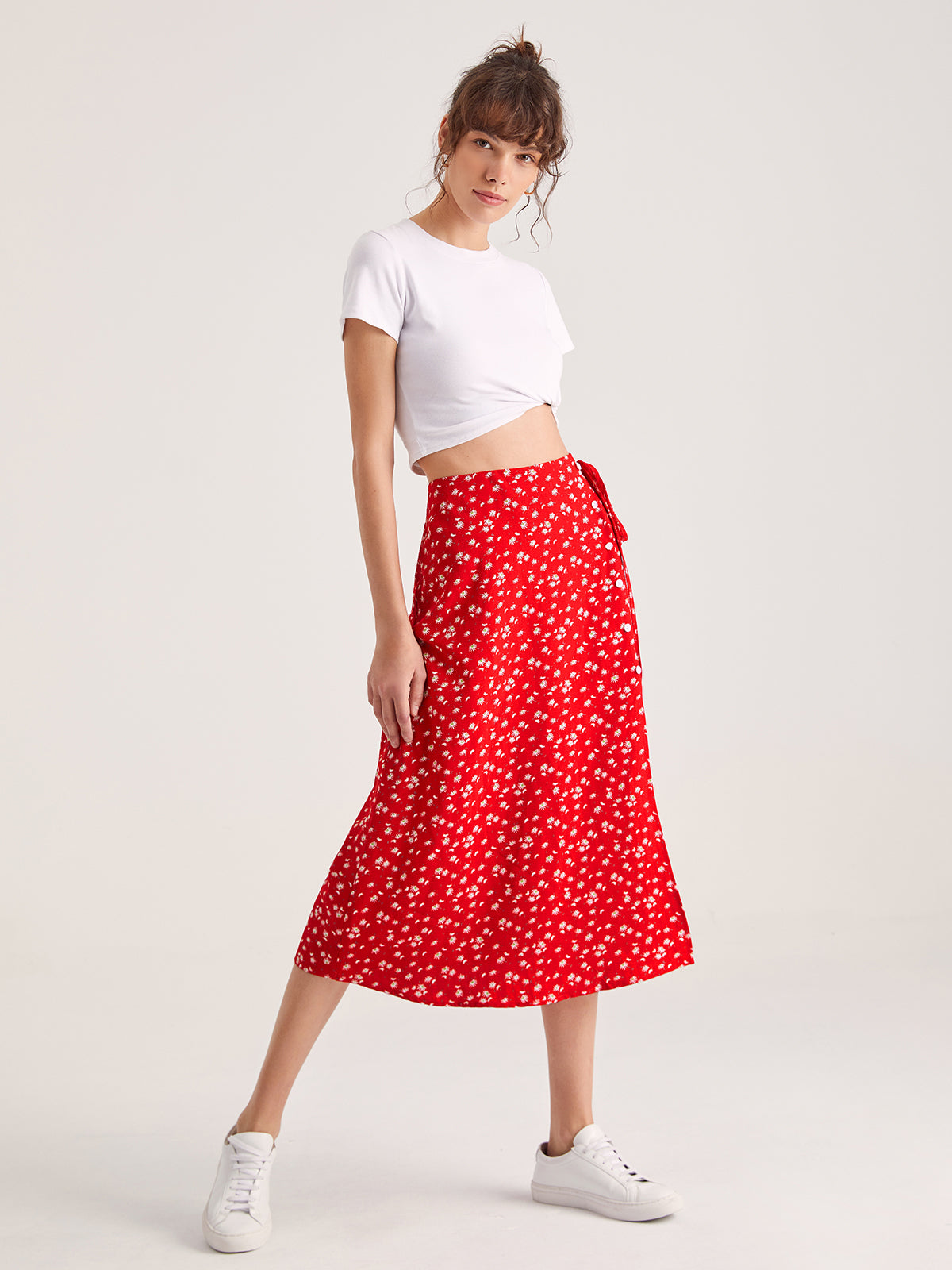 Thecomense - Sweetheart Floral Button Split Midi Skirt