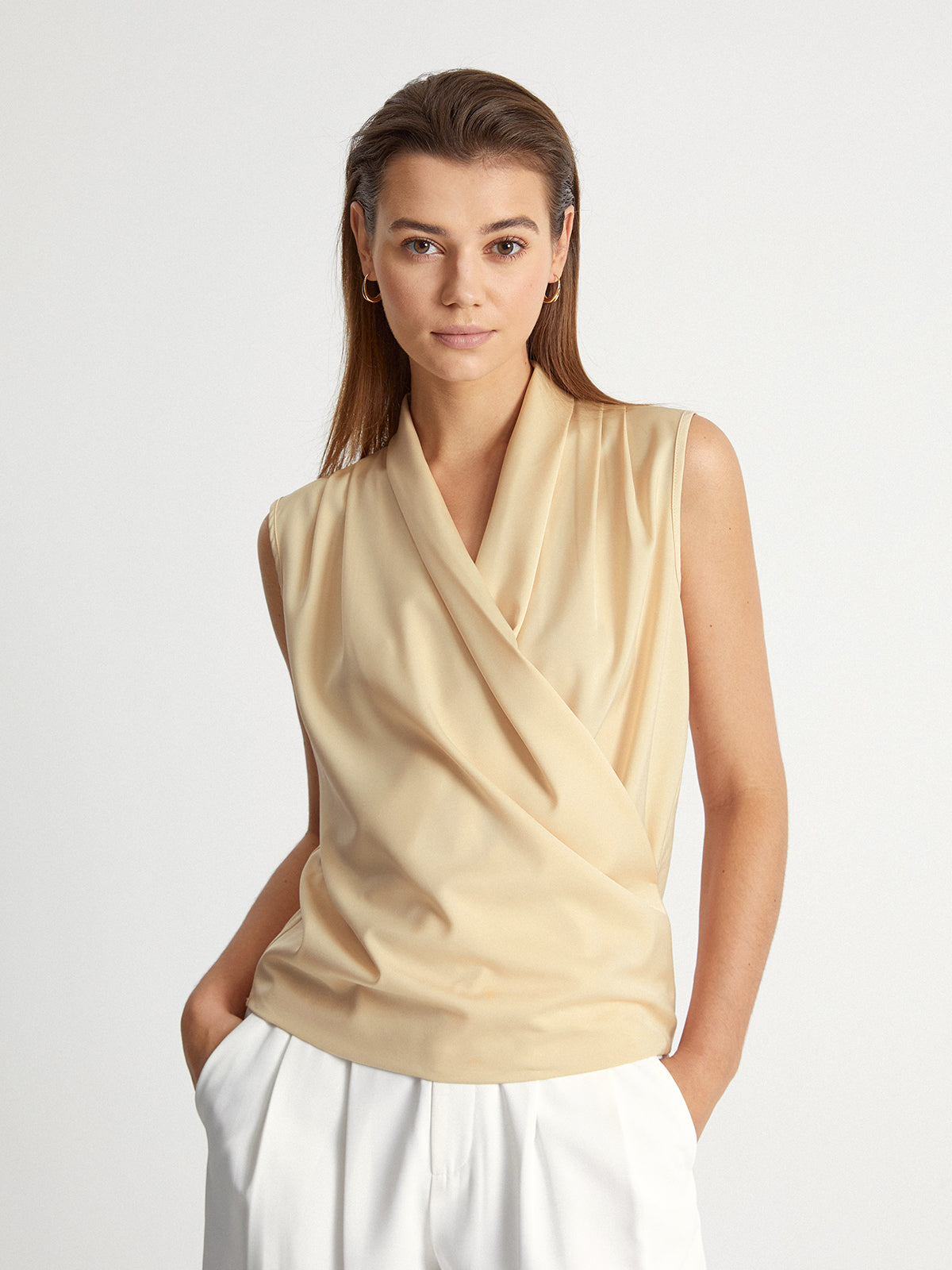 Thecomense - Sleeveless Shoulder Pleat Wrap Top