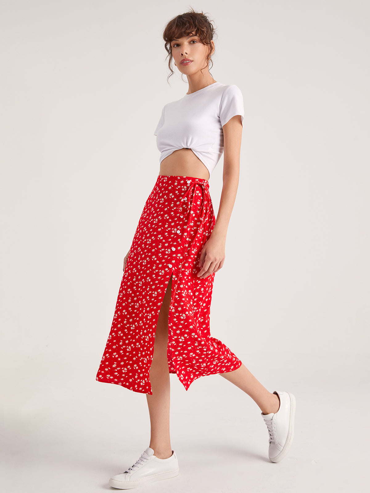 Thecomense - Sweetheart Floral Button Split Midi Skirt