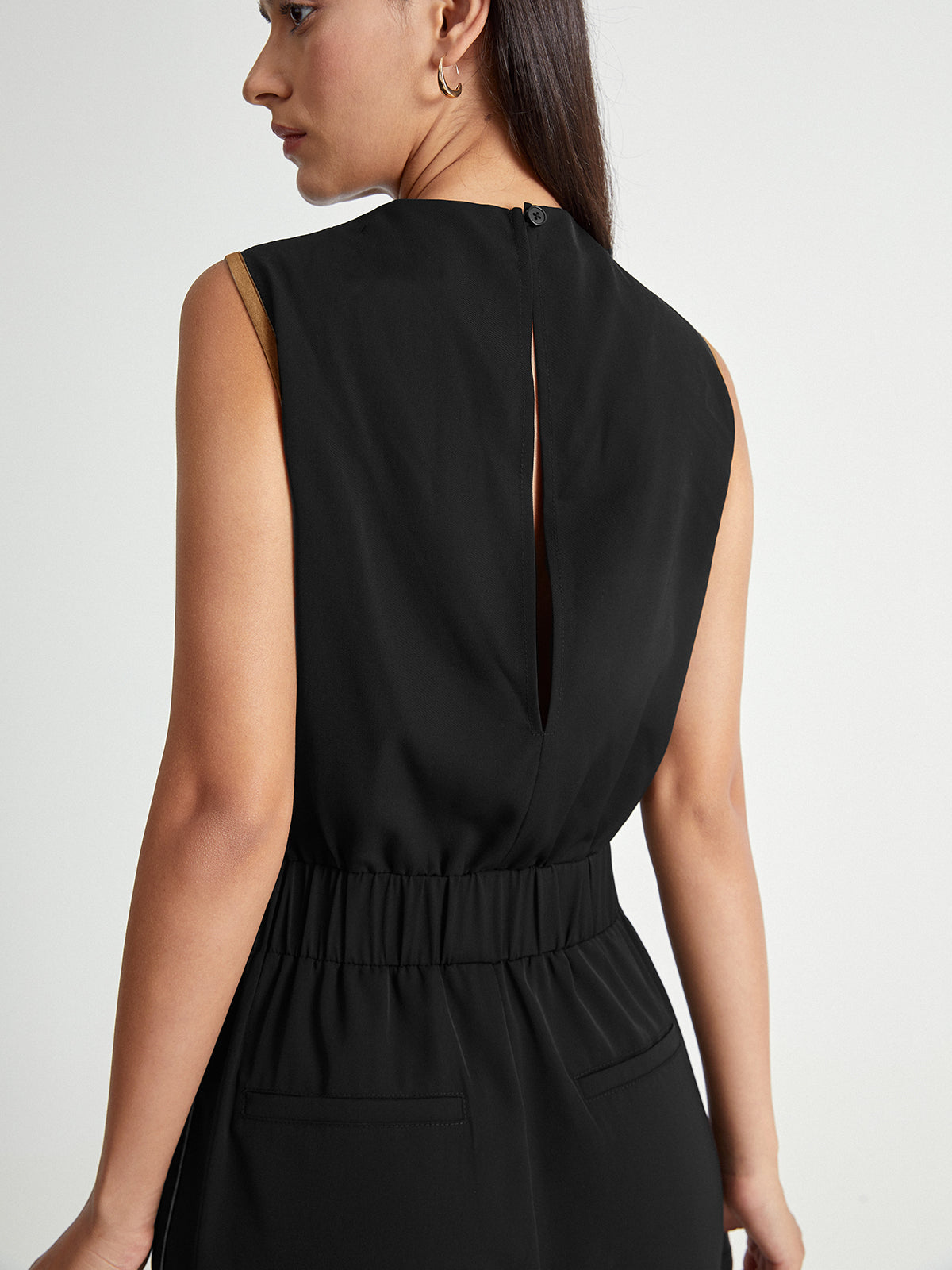 Thecomense - Sleeveless High Square Neck Elastic Waist Tapered Jumpsuit