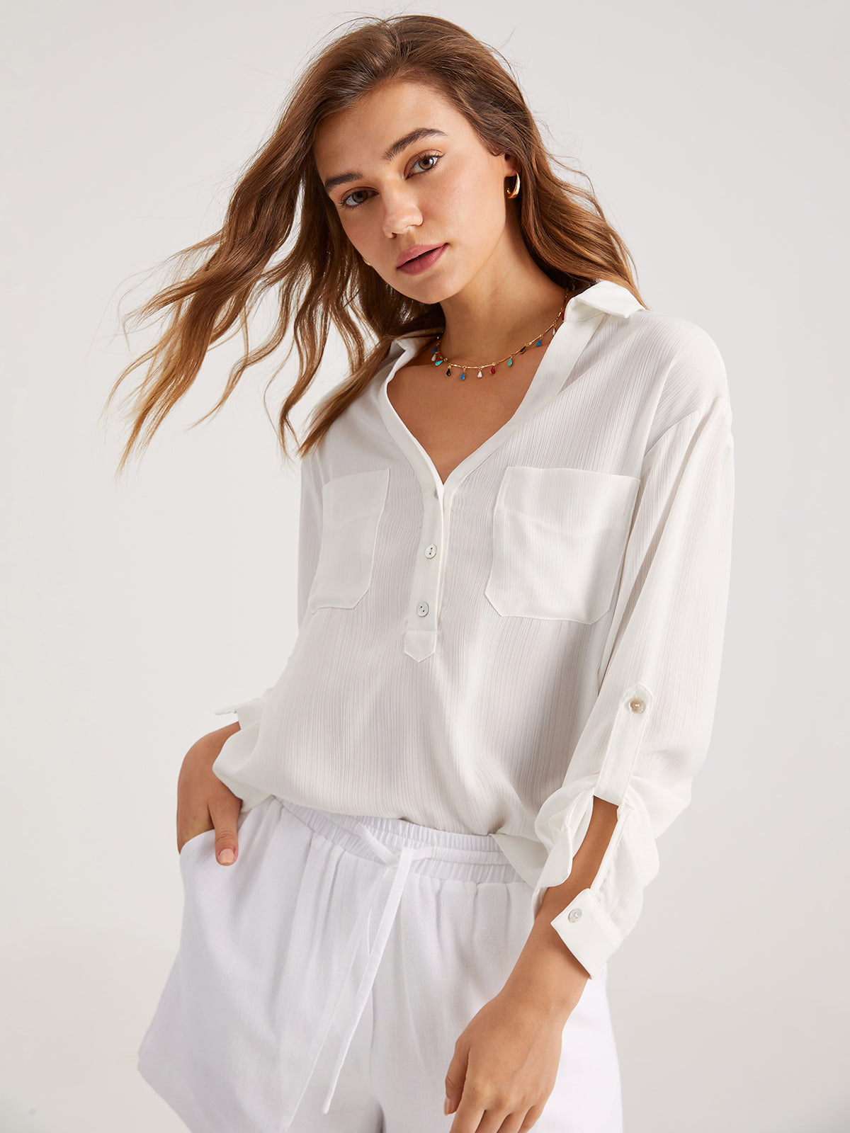 Thecomense - Solid Pocket Button Up Shirt