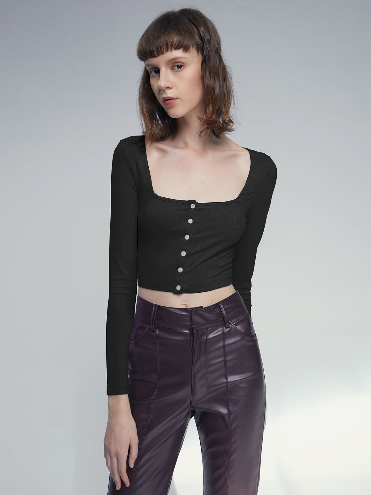Thecomense - Square Neck Button Front Long Sleeve Top