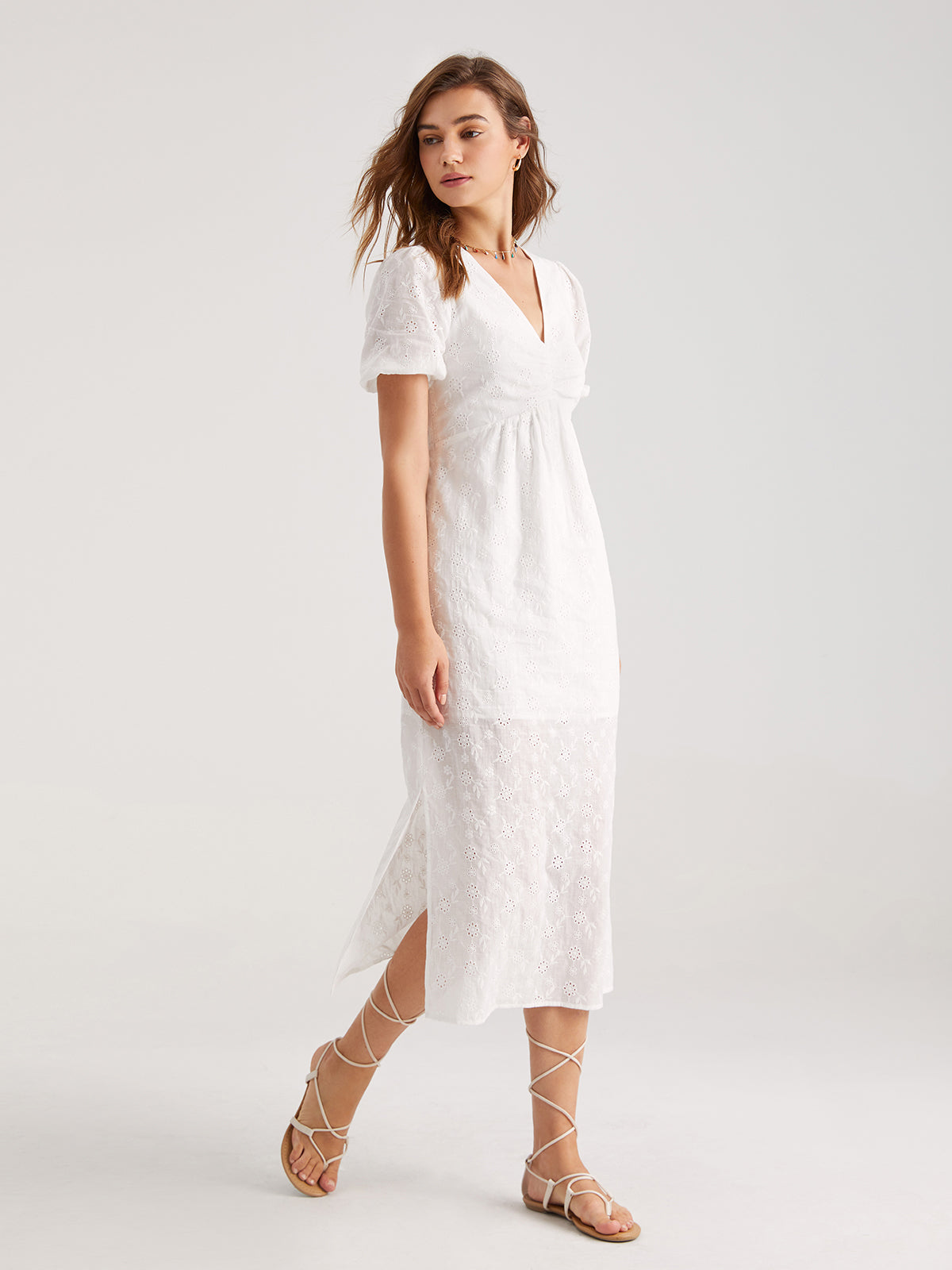 Thecomense - Short Puff Sleeve Eyelet M Dress