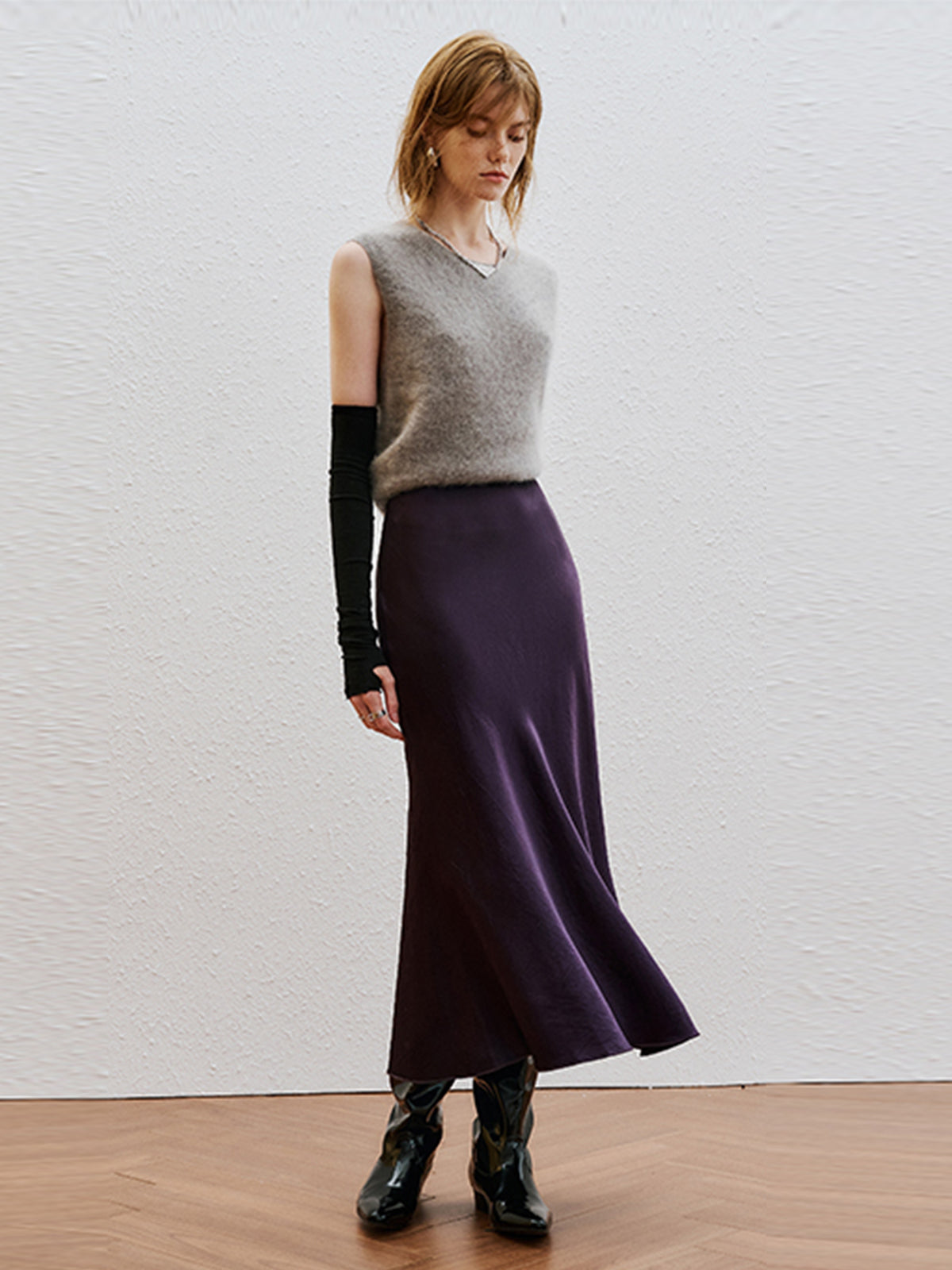 Thecomense - Mauve Satin Flowy Long Skirt