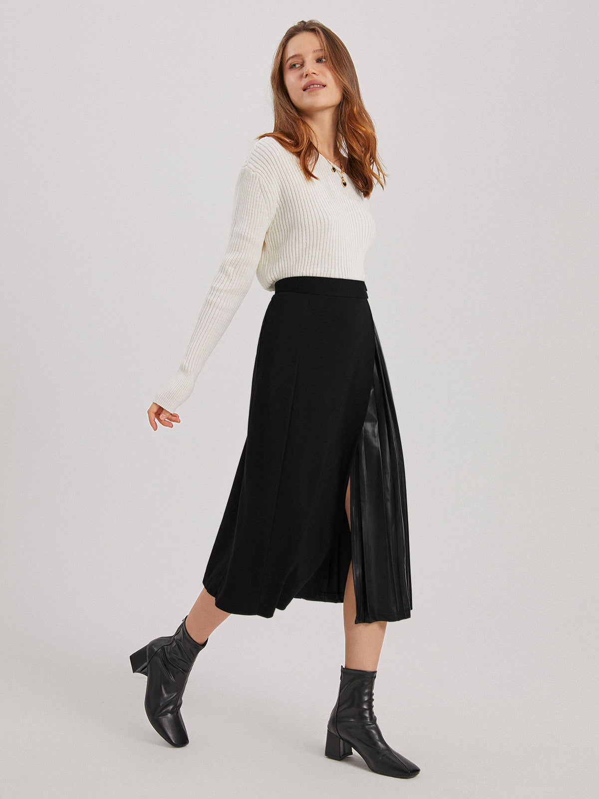 Thecomense - Faux Leather Slit Skirt