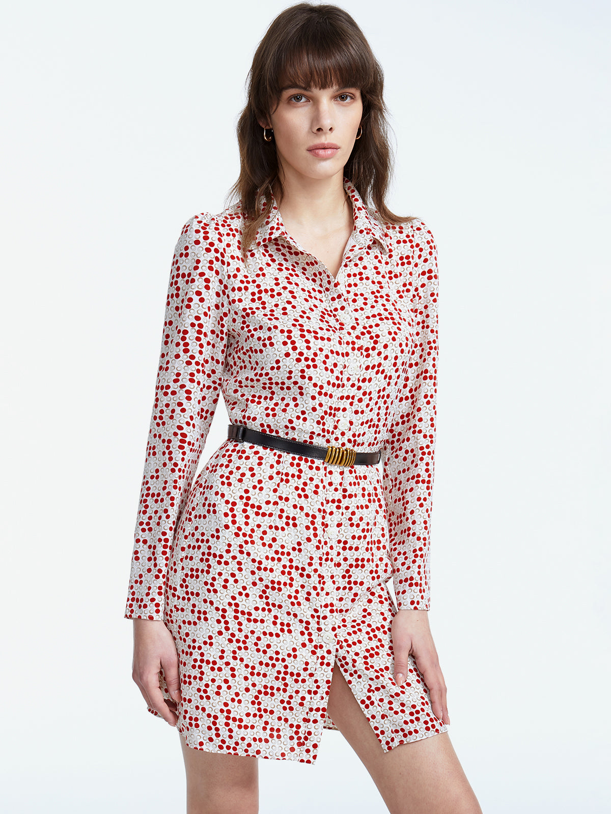 Thecomense - Long Sleeve Polka Dot Collared Belted Mini Dress