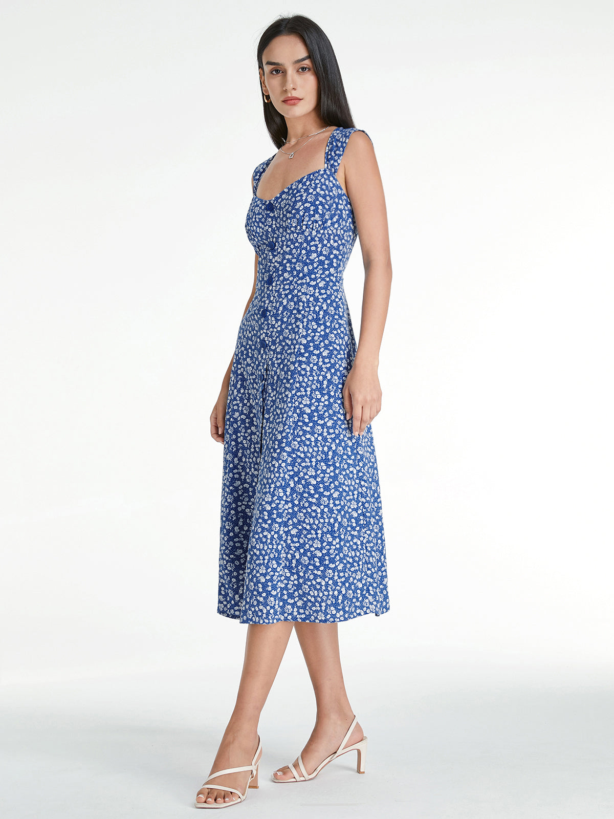 Thecomense - Sweetheart Button Front Floral Sleeveless A Line Dress