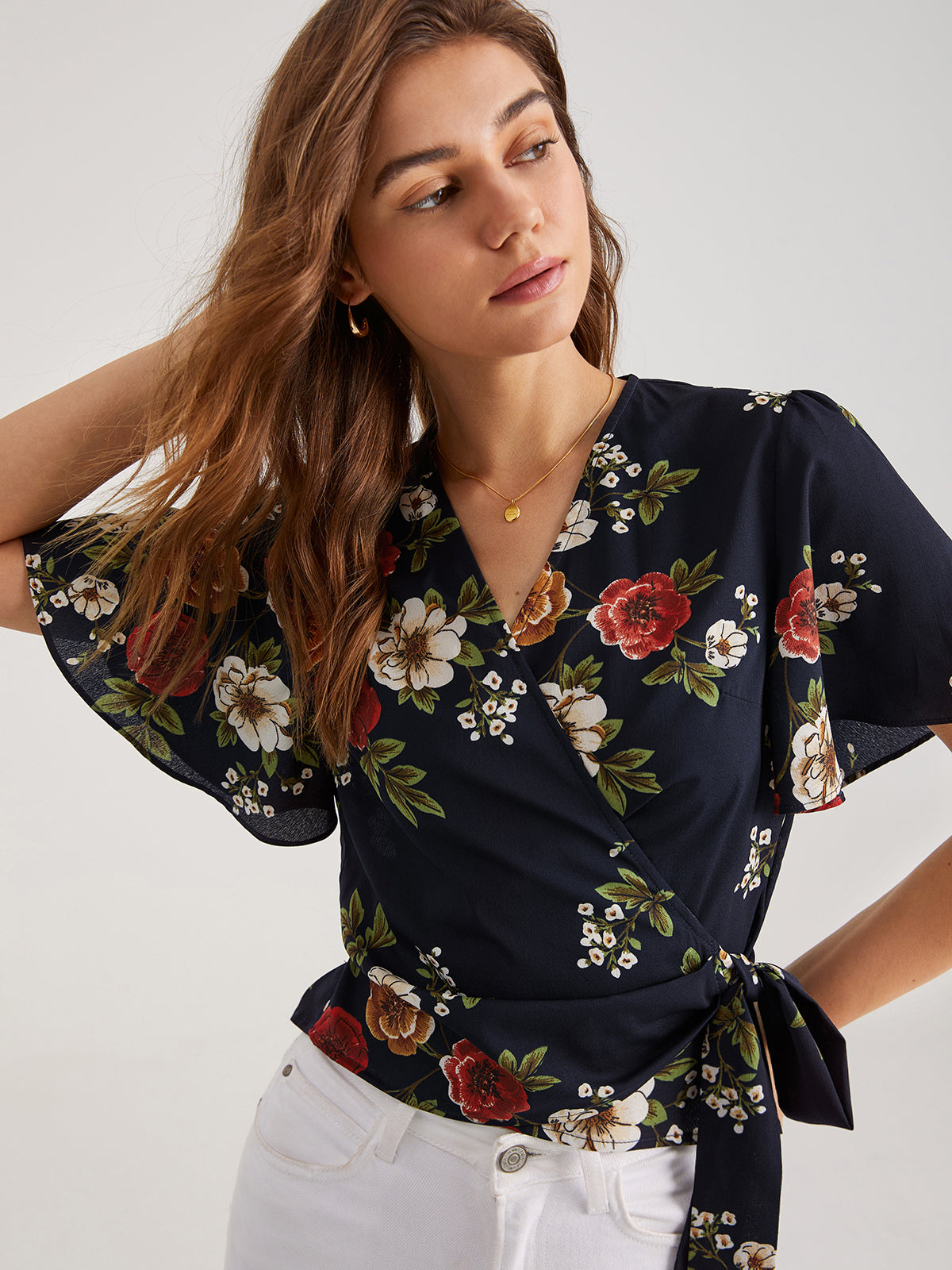 Thecomense - Floral V-Neck Side Tie Top