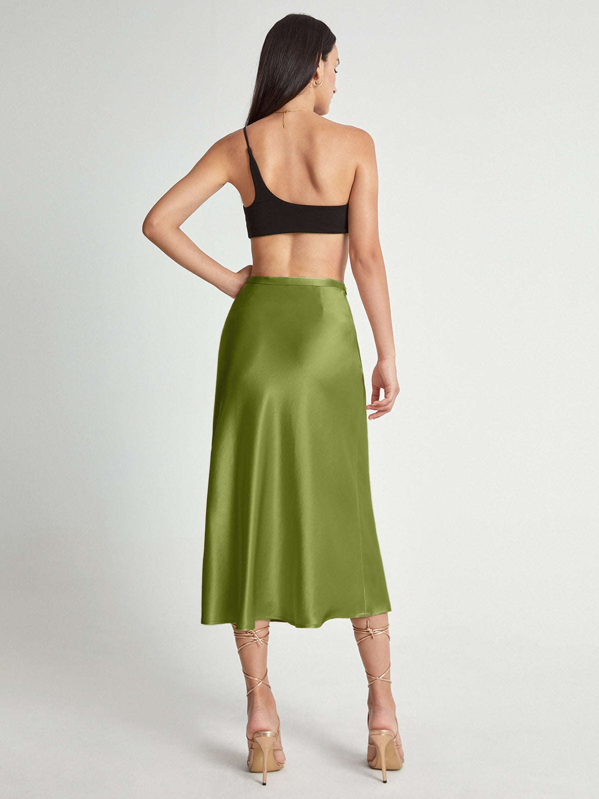 Thecomense - High Waisted Satin Flowy Midi Skirt