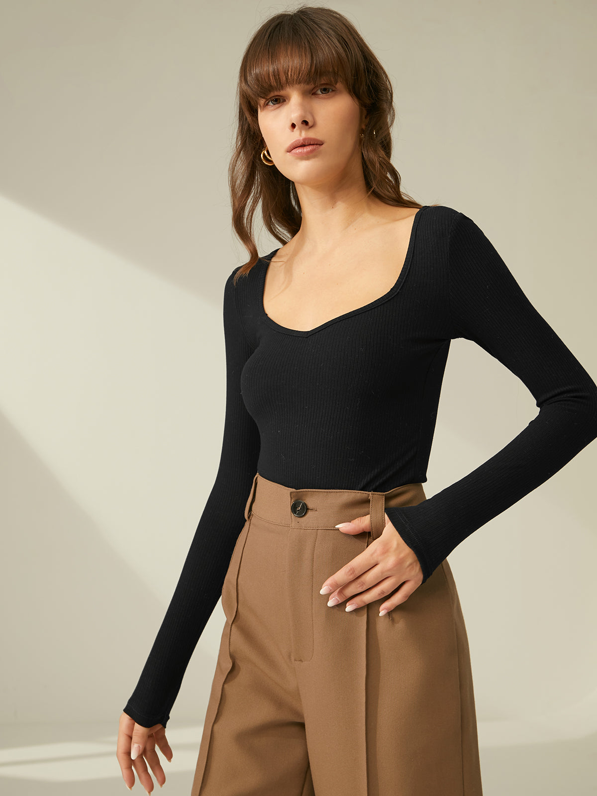 Thecomense - Ribbed Sweetheart Long Sleeve Top