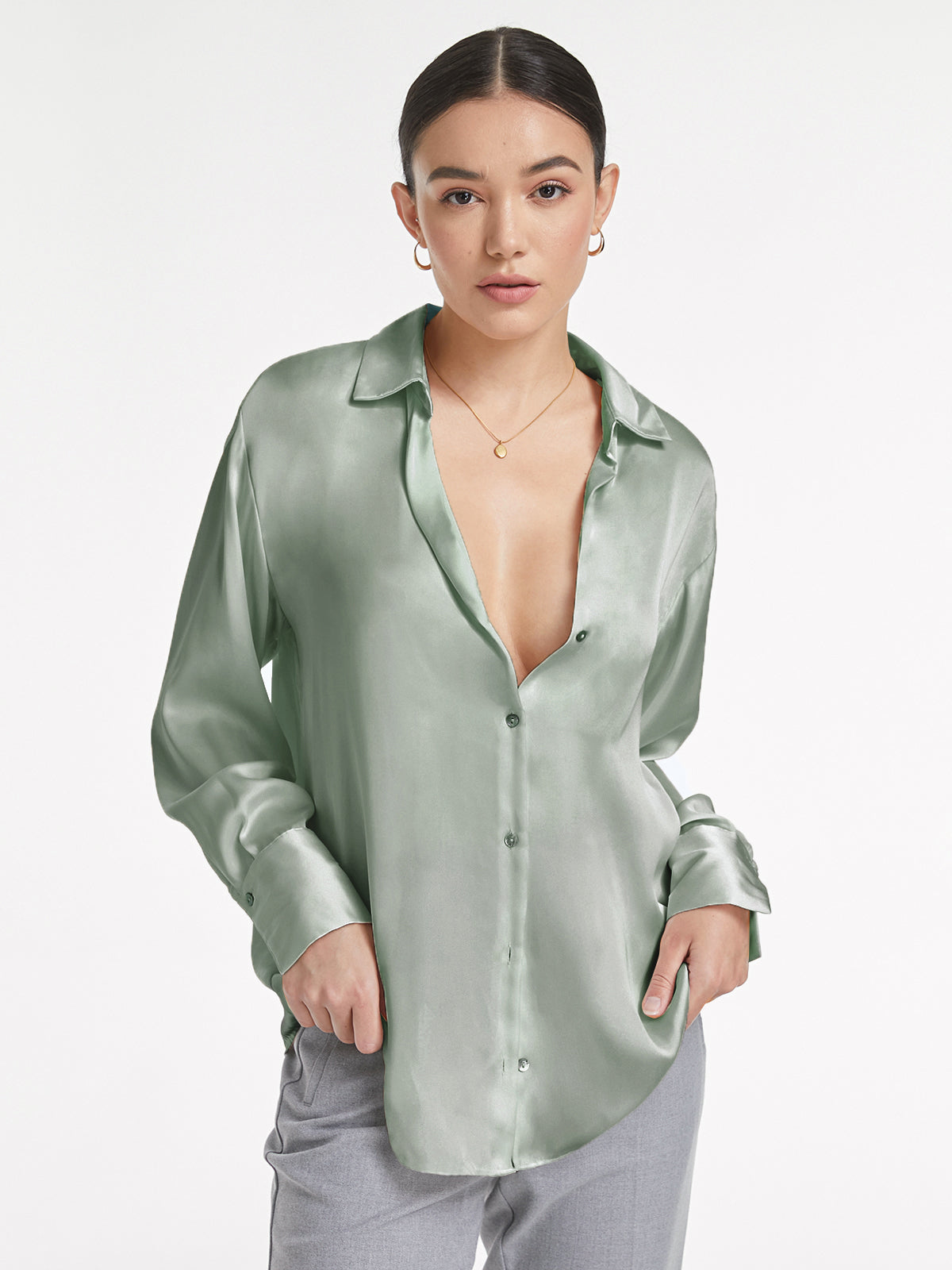 Thecomense - Relaxed Flowy Satin Button Up Shirt