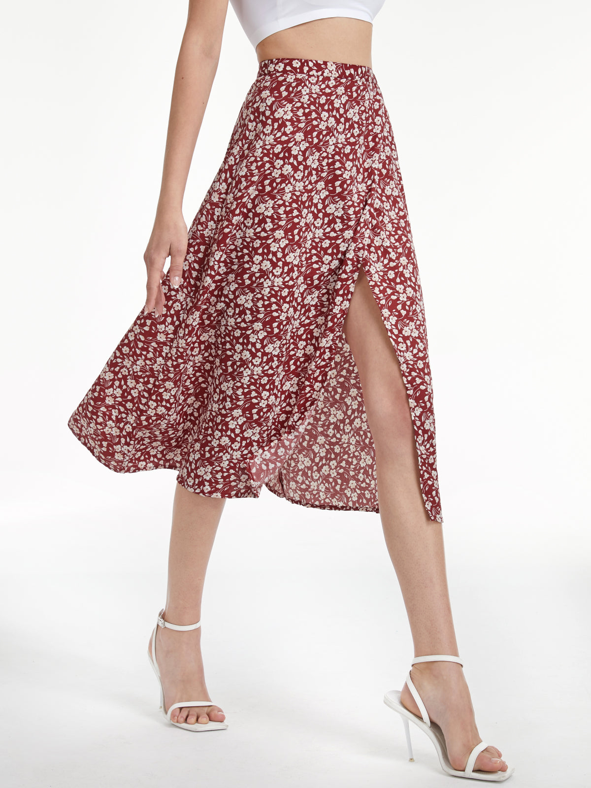 Thecomense - High Waisted Floral Slit Midi Skirt