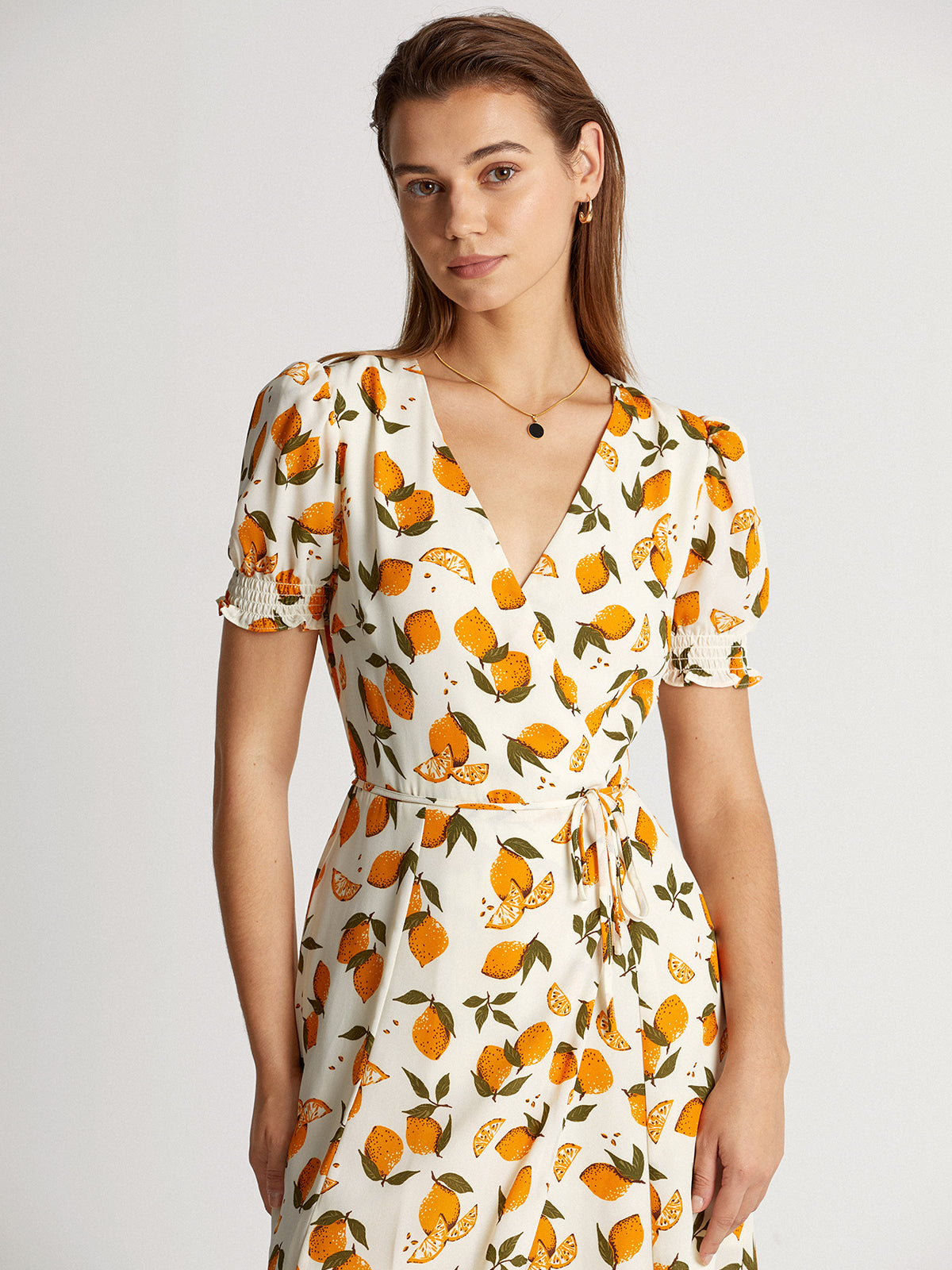 Thecomense - Short Puff Sleeve Orange V-Neck Midi Ruffle Dress