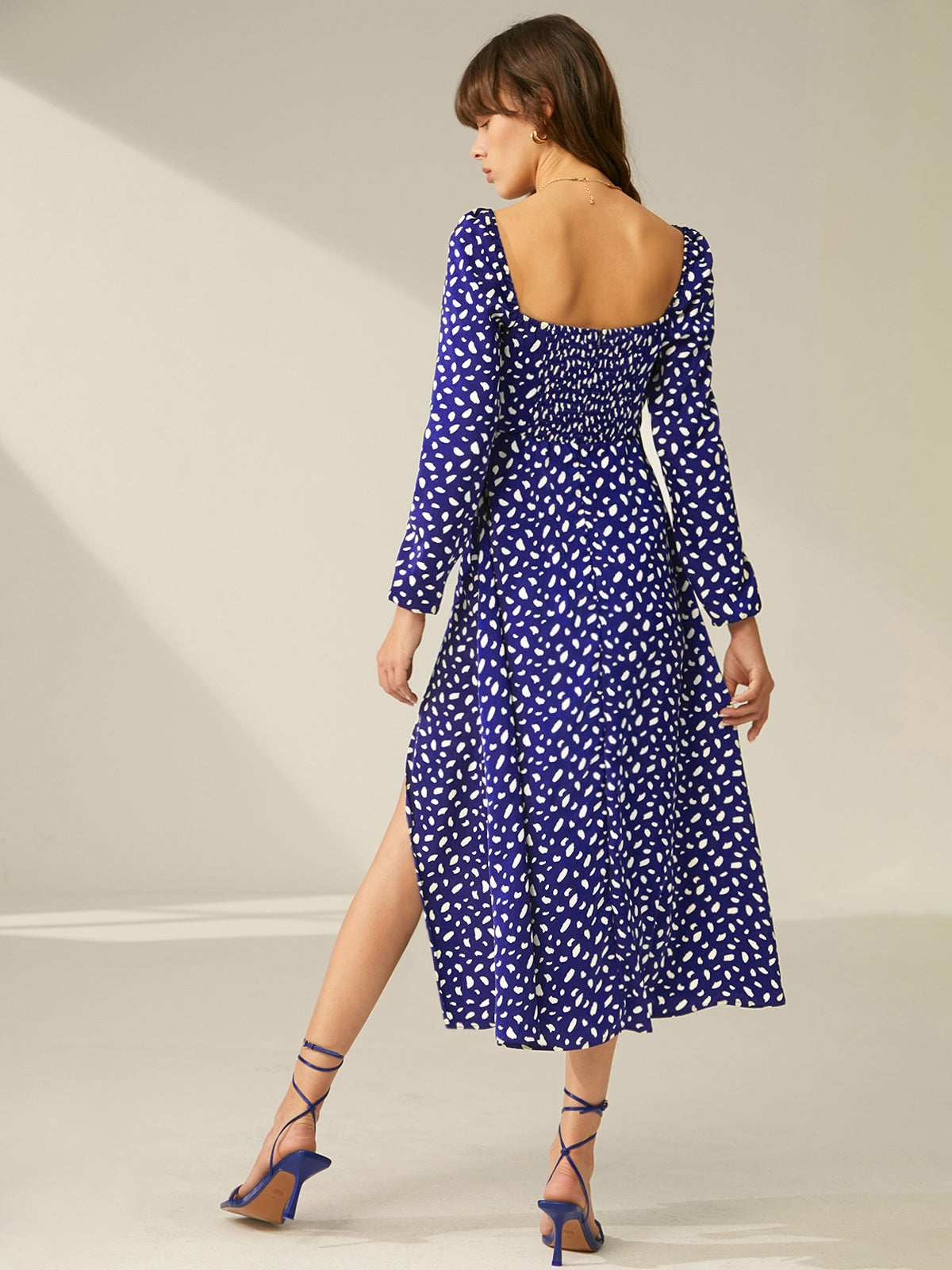 Thecomense - Square Neck Long Sleeve Patterned Slit Dress