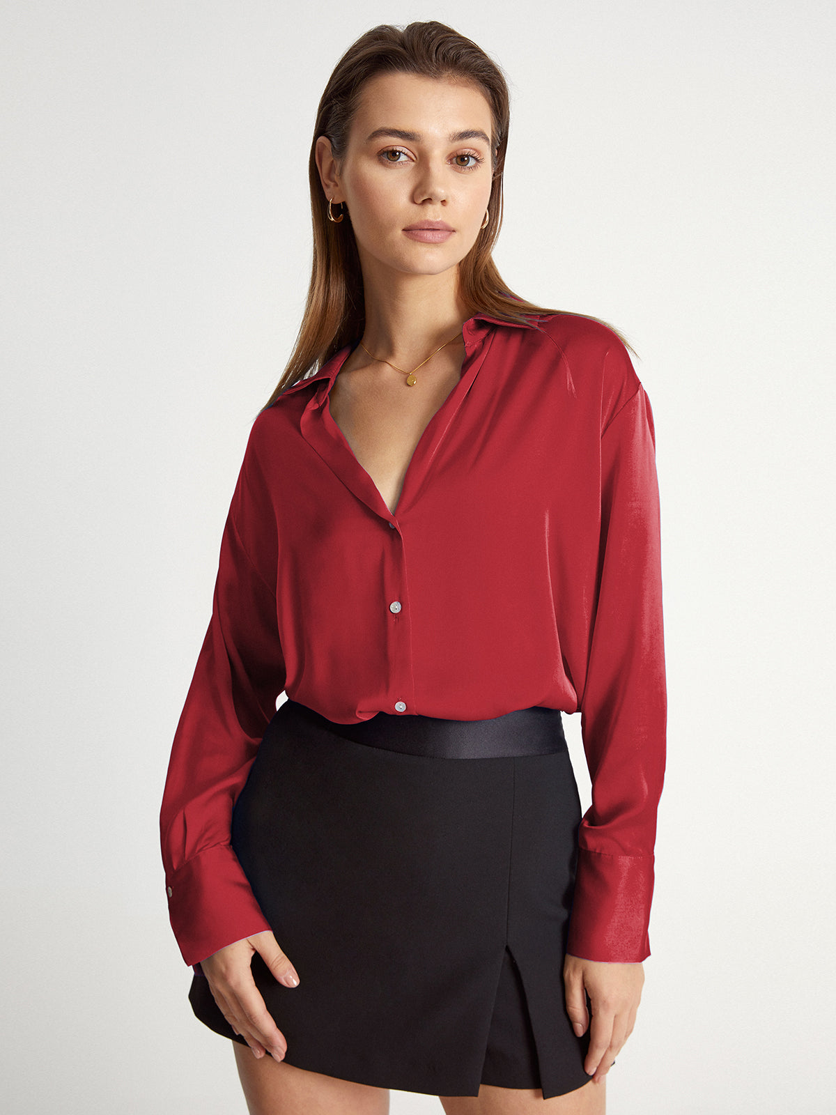 Thecomense - Satin Relaxed Fit Button Up Dress Shirt