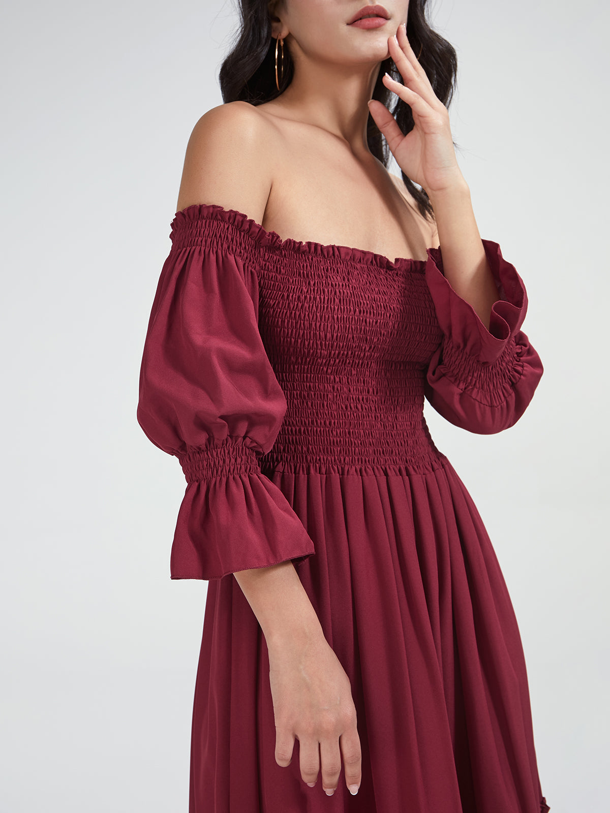Thecomense - Off The Shoulder Long Puff Sleeve Layer Pleat Dress