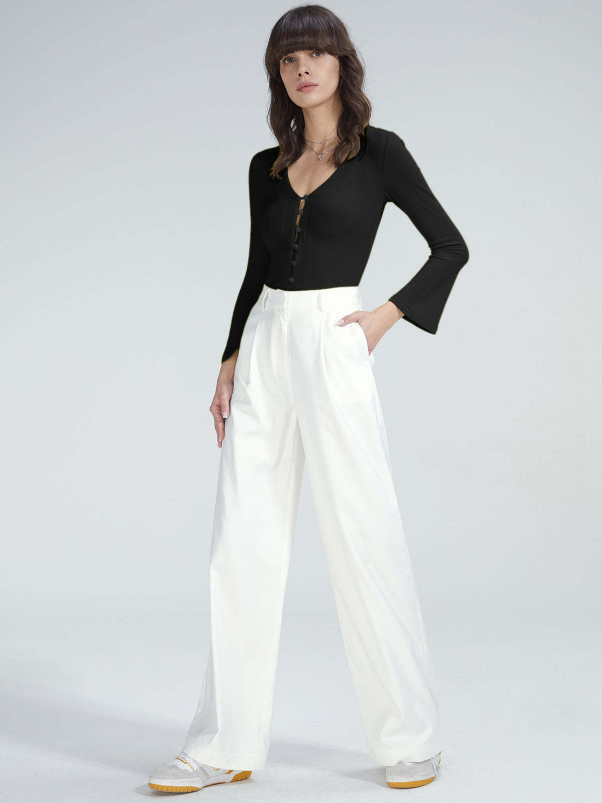 Thecomense - Scoop Neck Button Front Long Sleeve Top