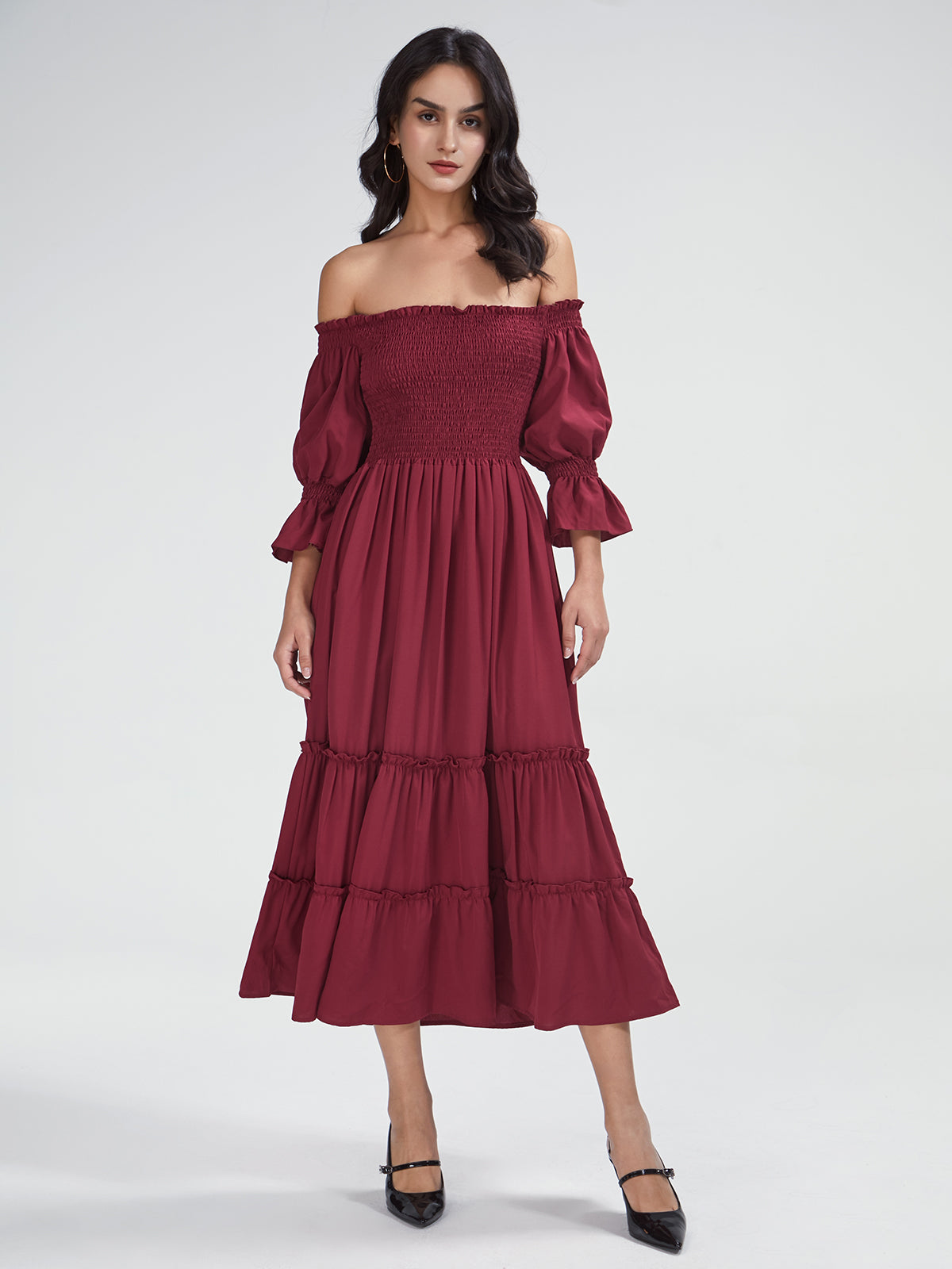 Thecomense - Off The Shoulder Long Puff Sleeve Layer Pleat Dress