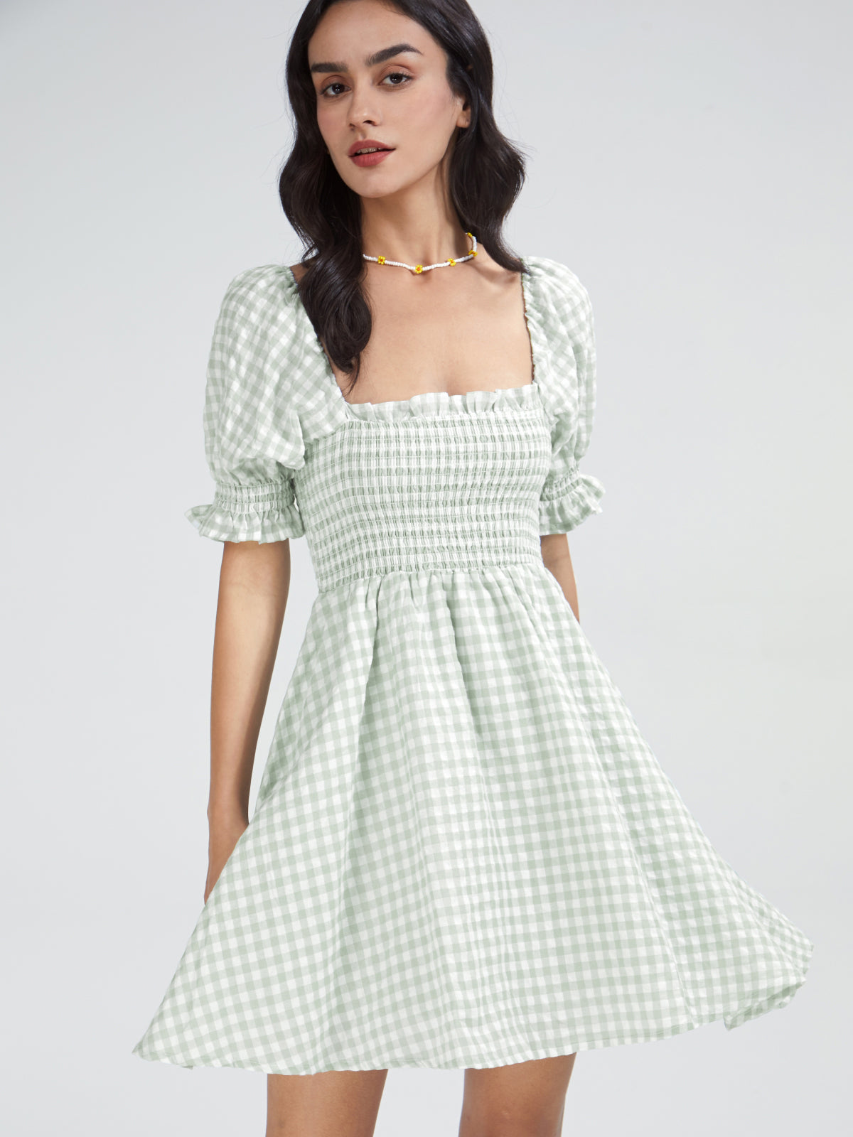 Thecomense - Square Neck Gingham Short Puff Sleeve Mini A Line Dress