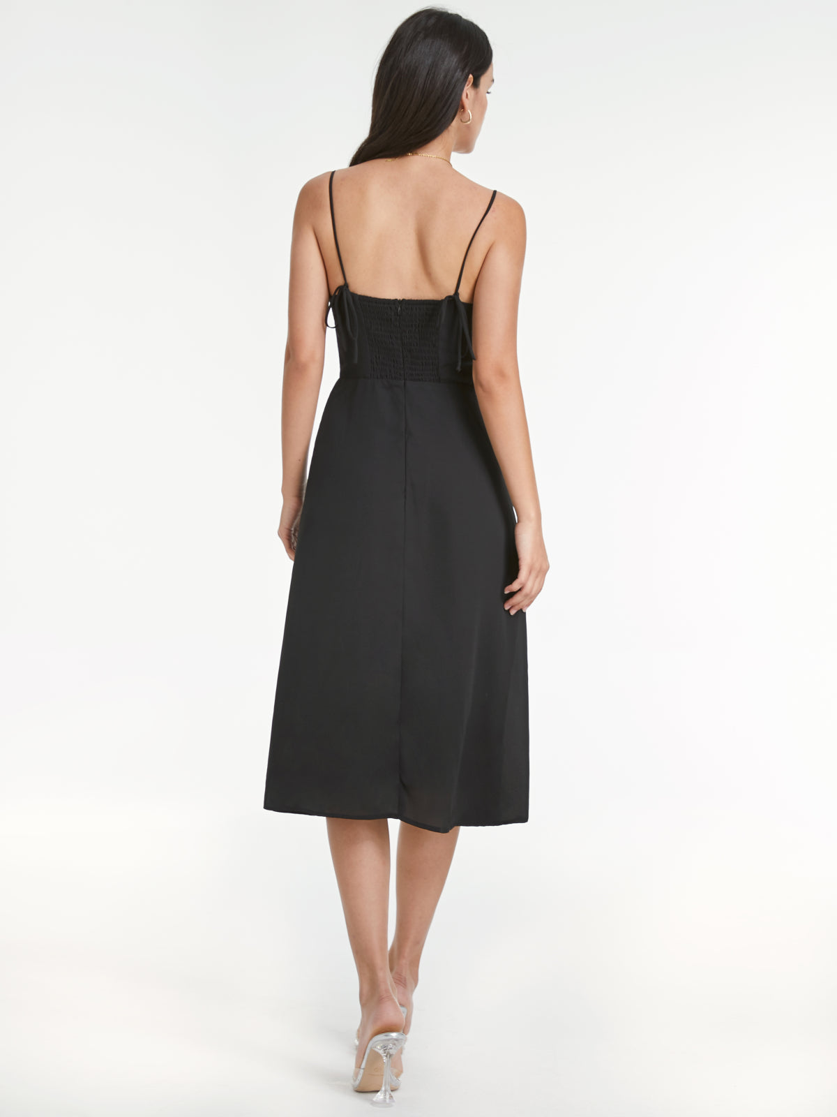 Thecomense - Sweetheart Mesh Overlay Contour Slit Strap Dress