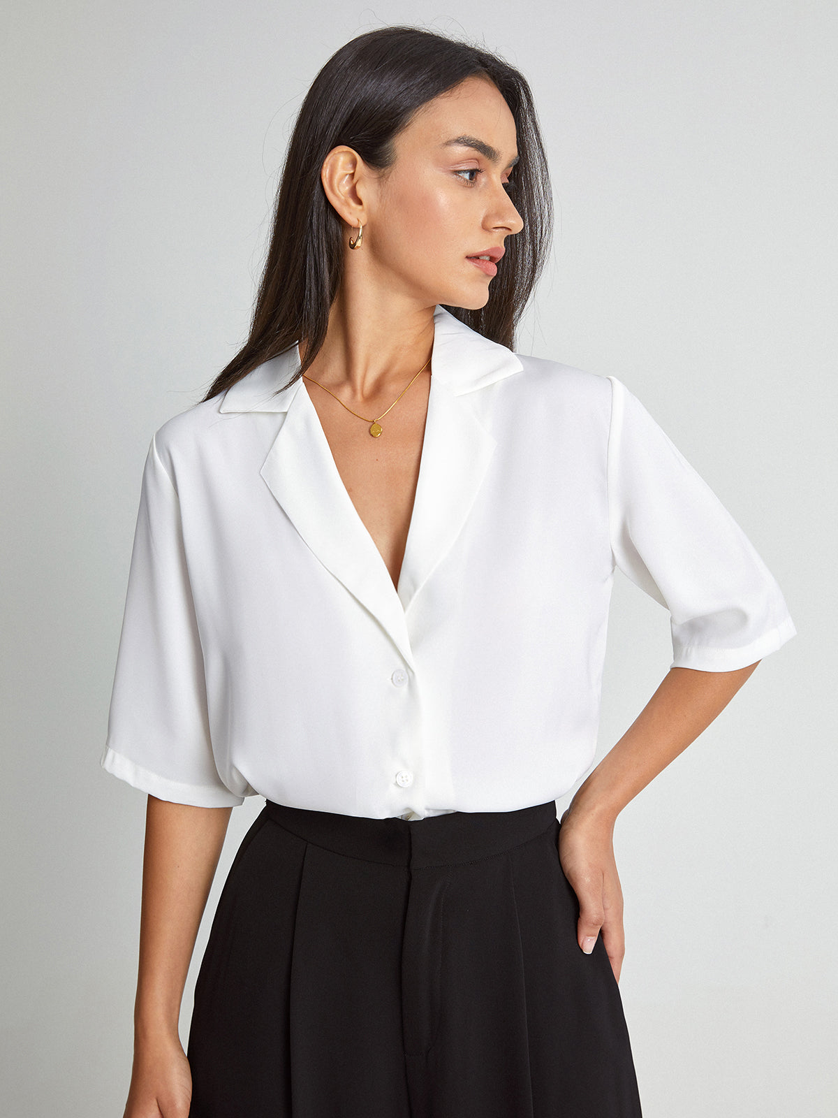 Thecomense - Quarter Sleeve Deep V Notch Lapel Blazer Shirt