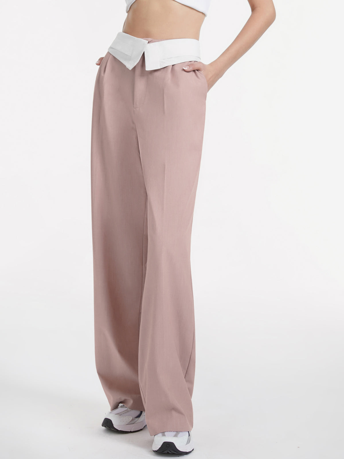 Thecomense - High Waisted Wide Leg Trousers with Contrast Flap Waist Band