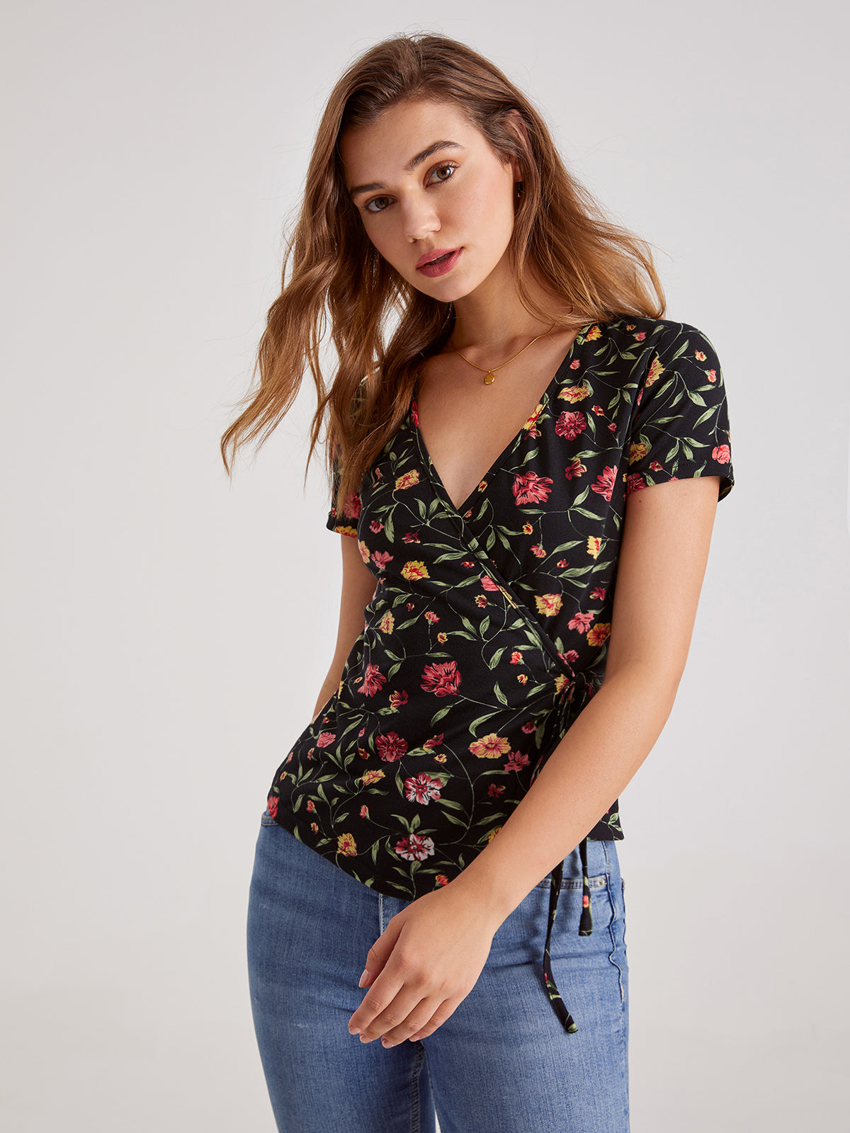 Thecomense - V-Neck Floral Wrap Tie Top