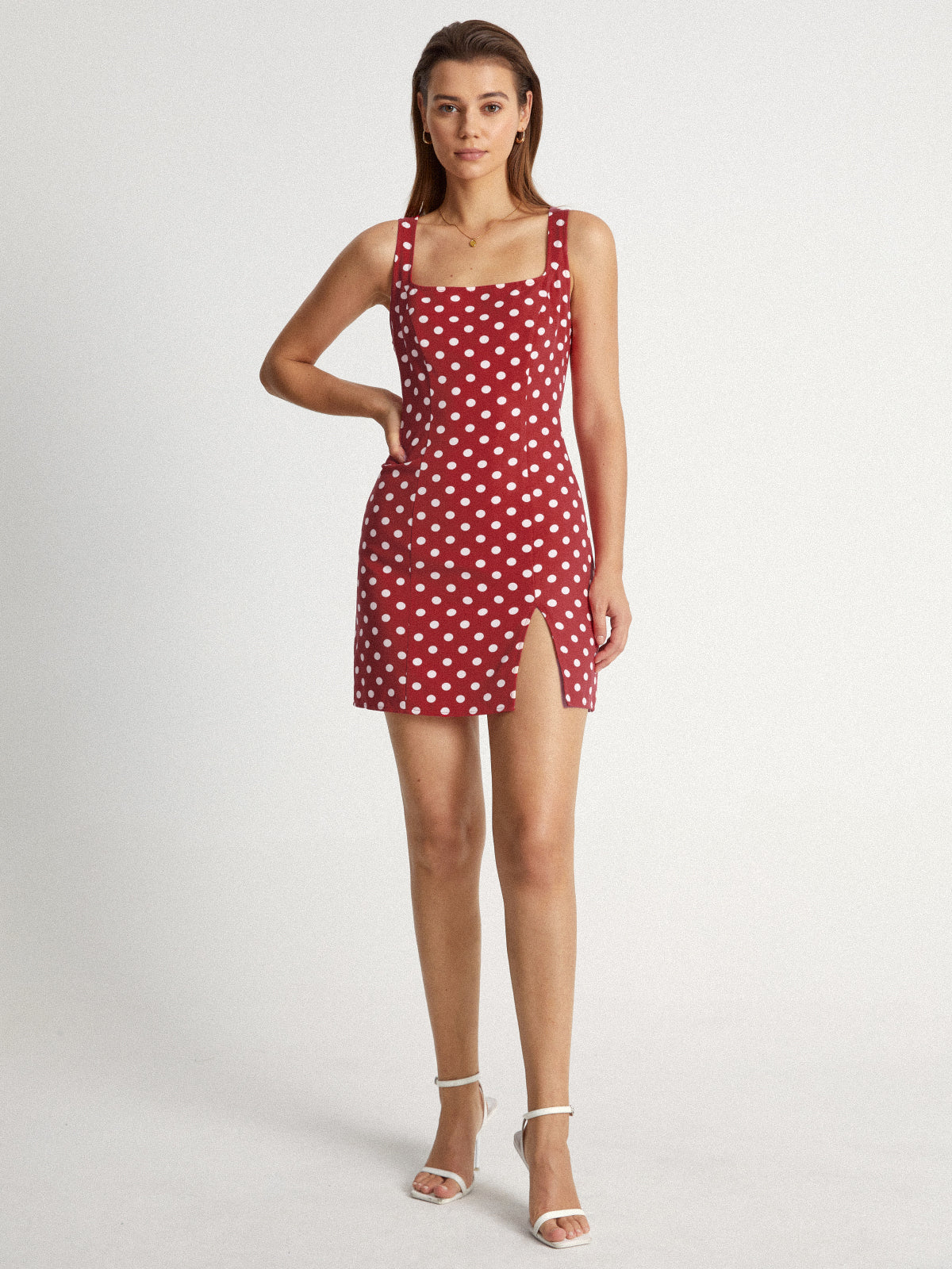 Thecomense - Square Neck Polka Dot Mini Strap Contour Dress