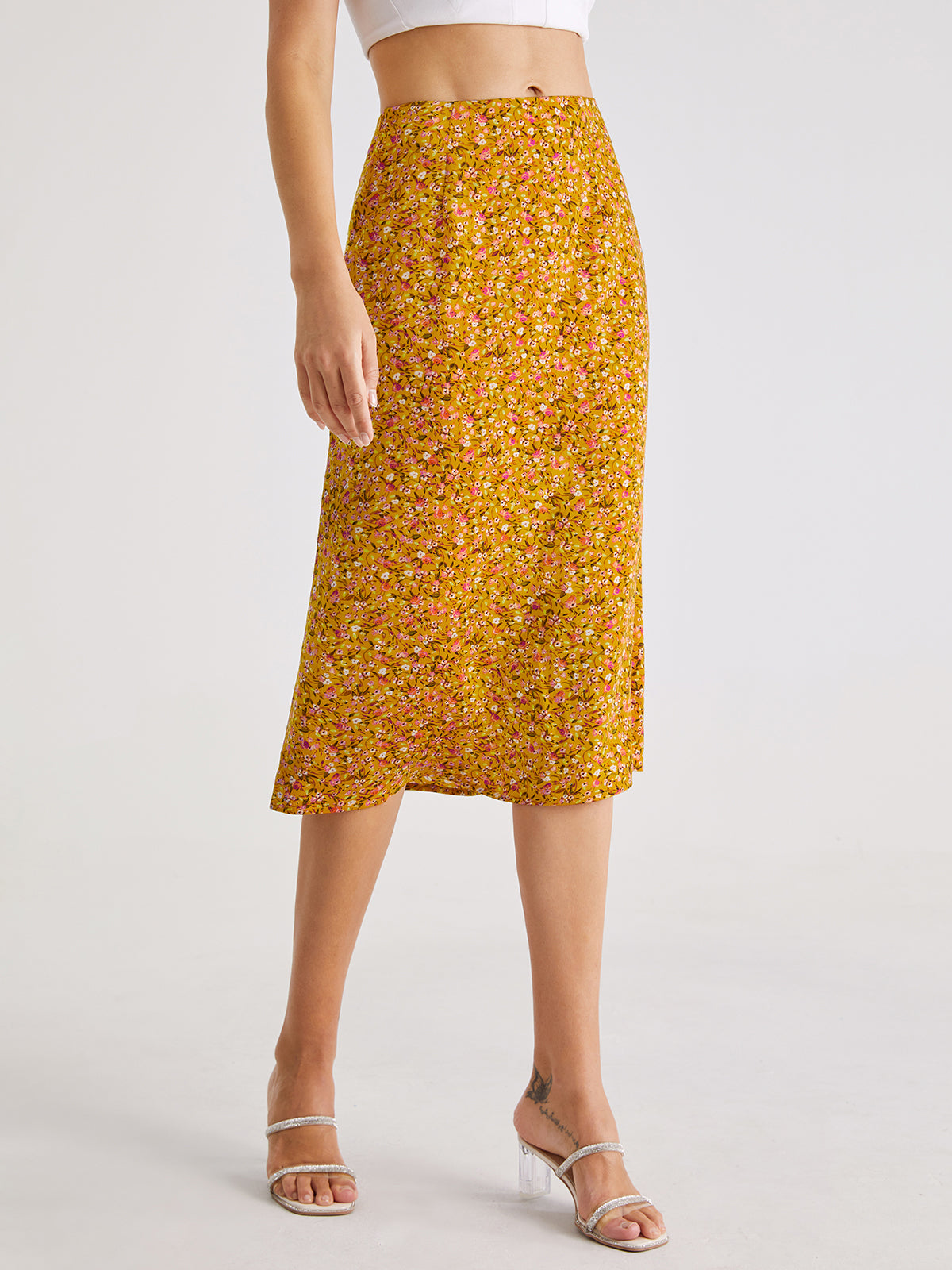 Thecomense - High Waisted Floral Mosaic Midi Skirt