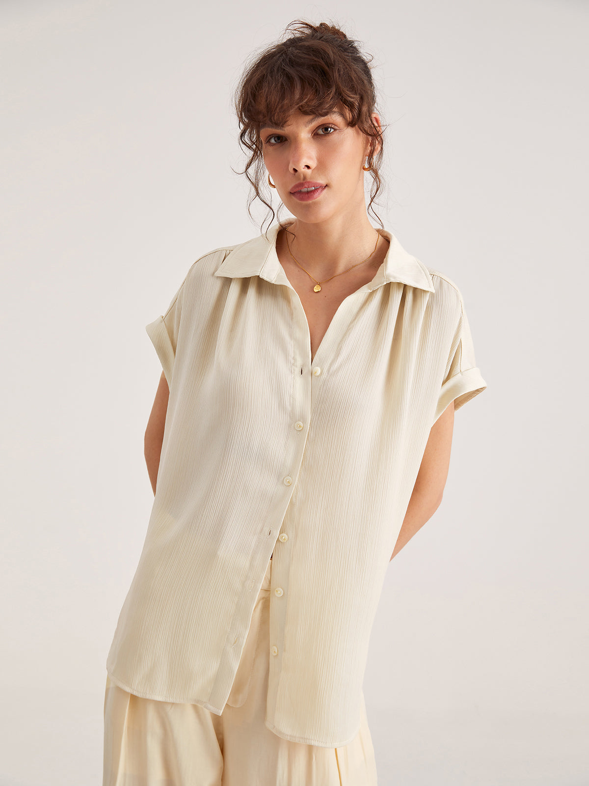 Thecomense - Drop Shoulder Pleat Button Up Shirt