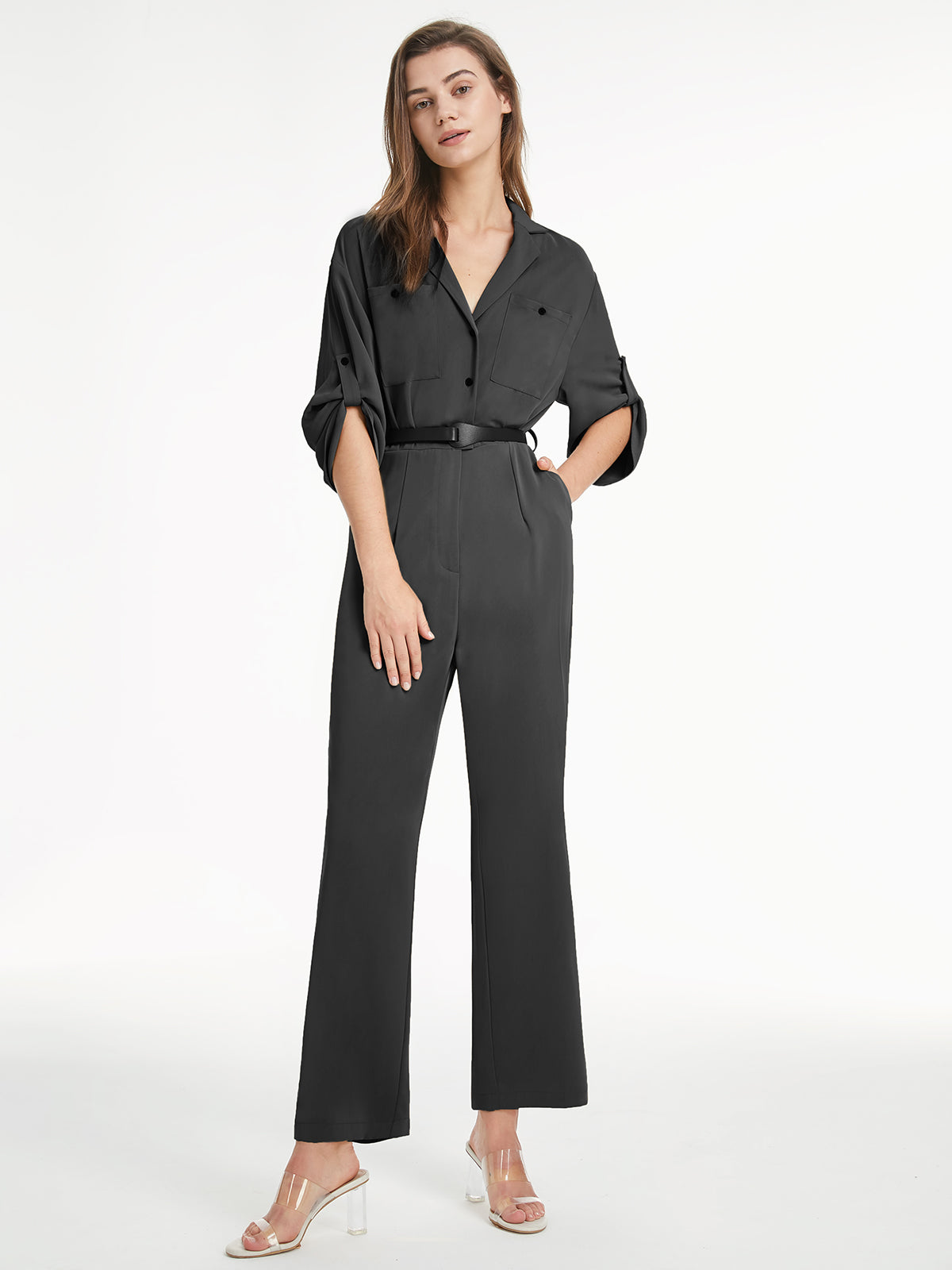 Thecomense - V Neck Button Front Short Sleeve Flare Leg Jumpsuit