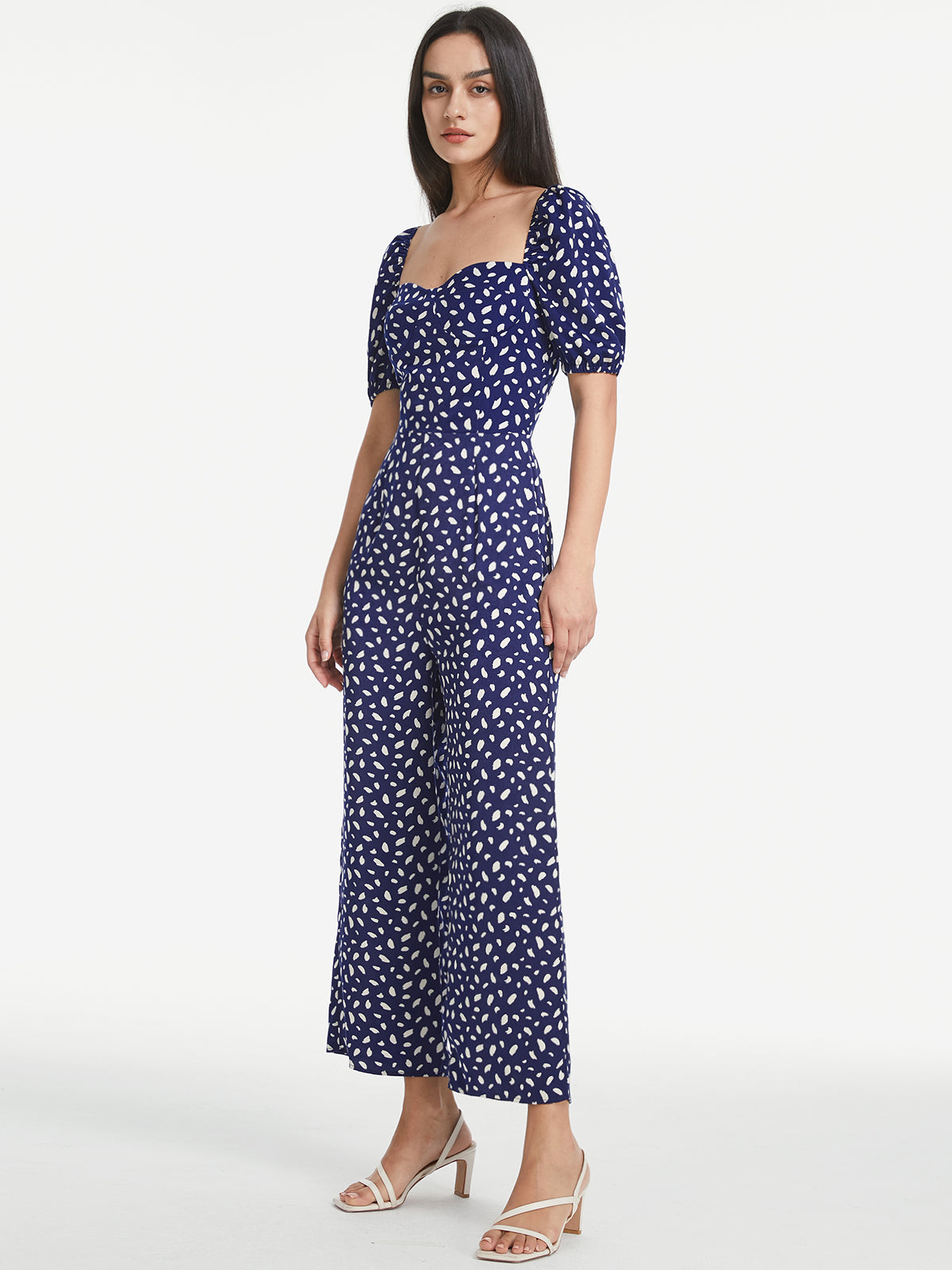 Thecomense - Petals Print Puff Sleeve Open Back Jumpsuit