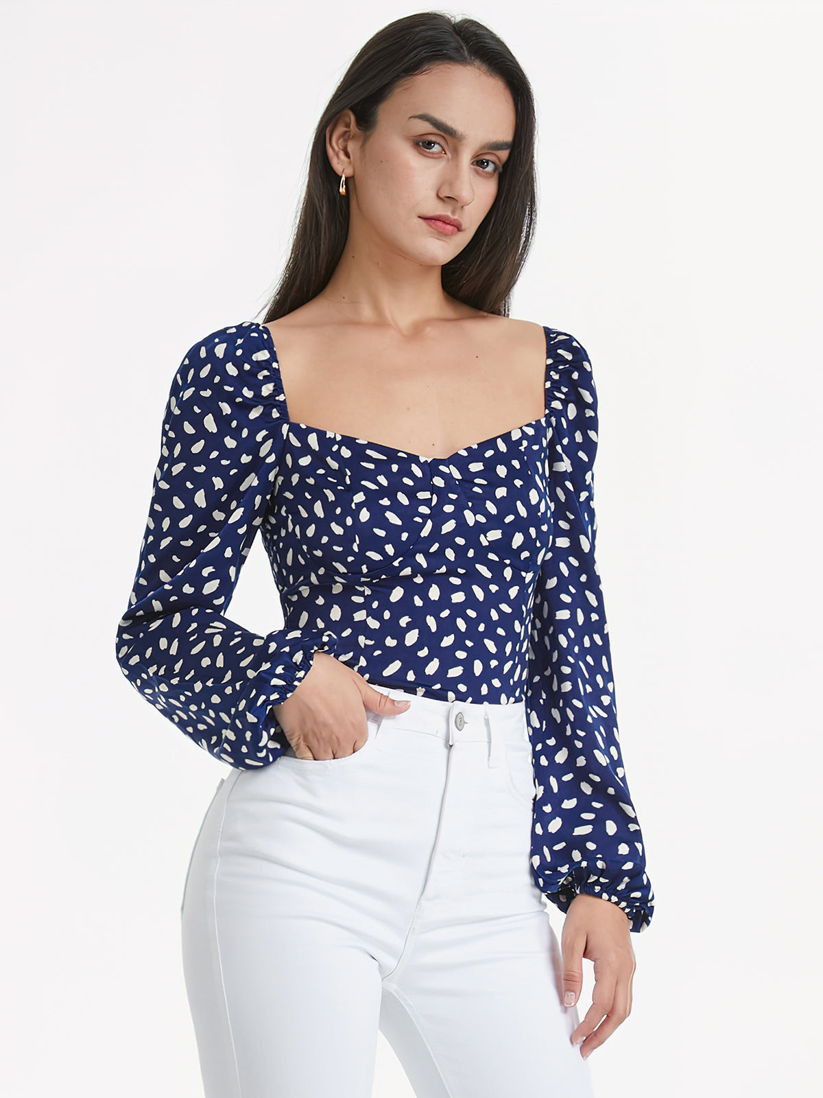 Thecomense - Sweetheart Contour Long Puff Sleeve Printed Top