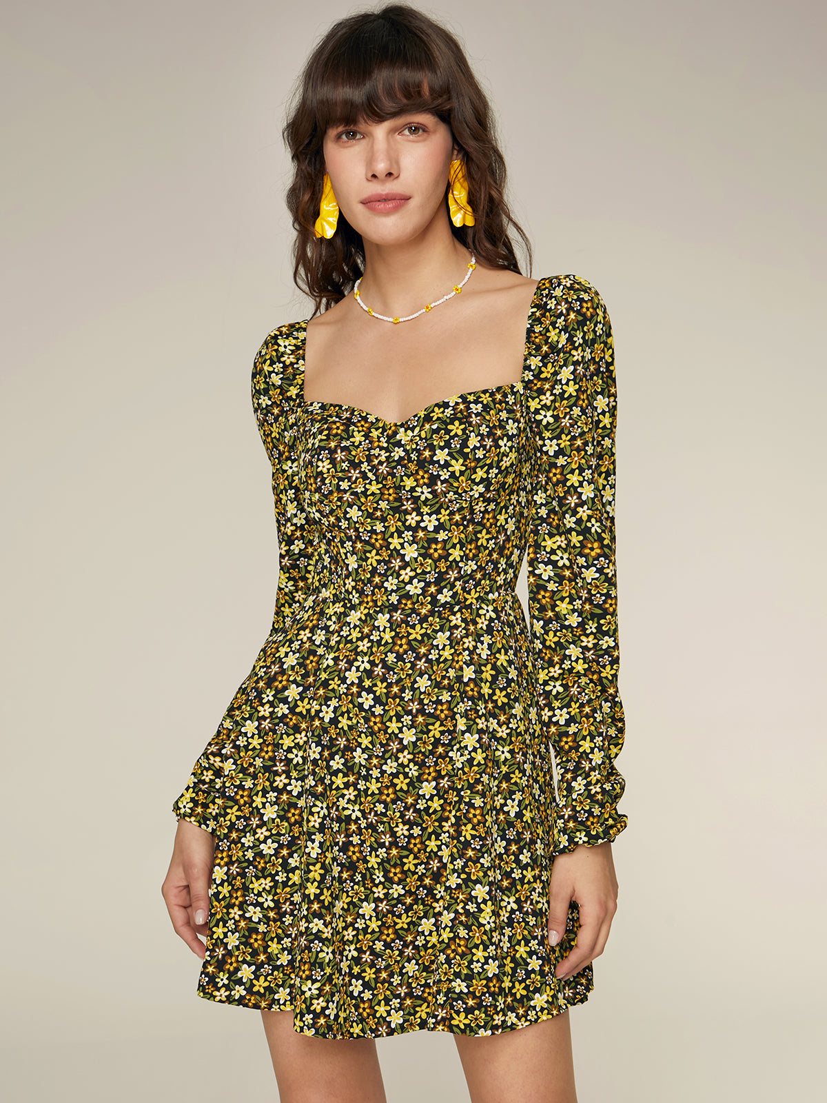Thecomense - Floral Sweetheart Long Sleeve Dress