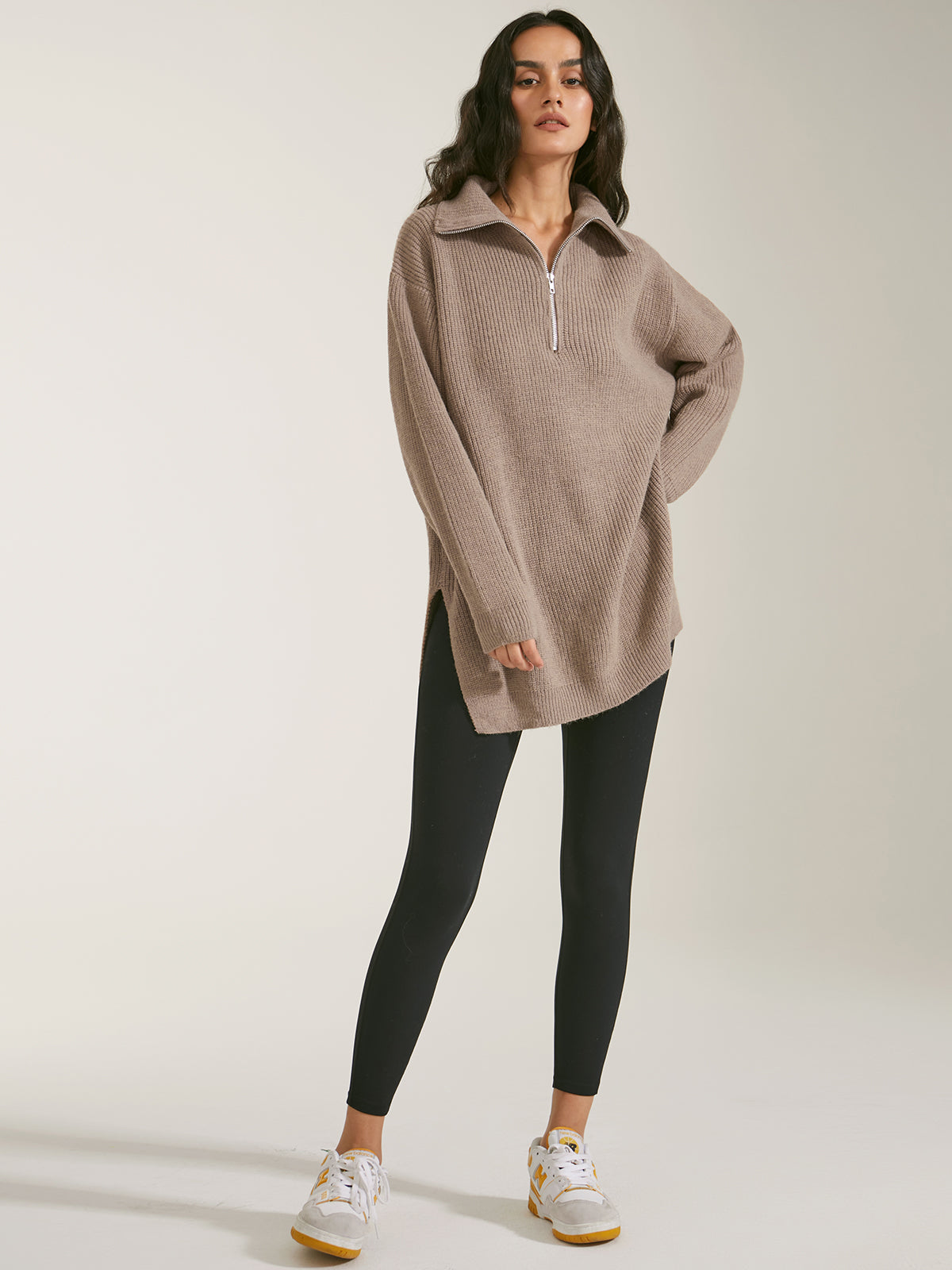 Thecomense - Oversized Quarter Zip Ribbed Sweater