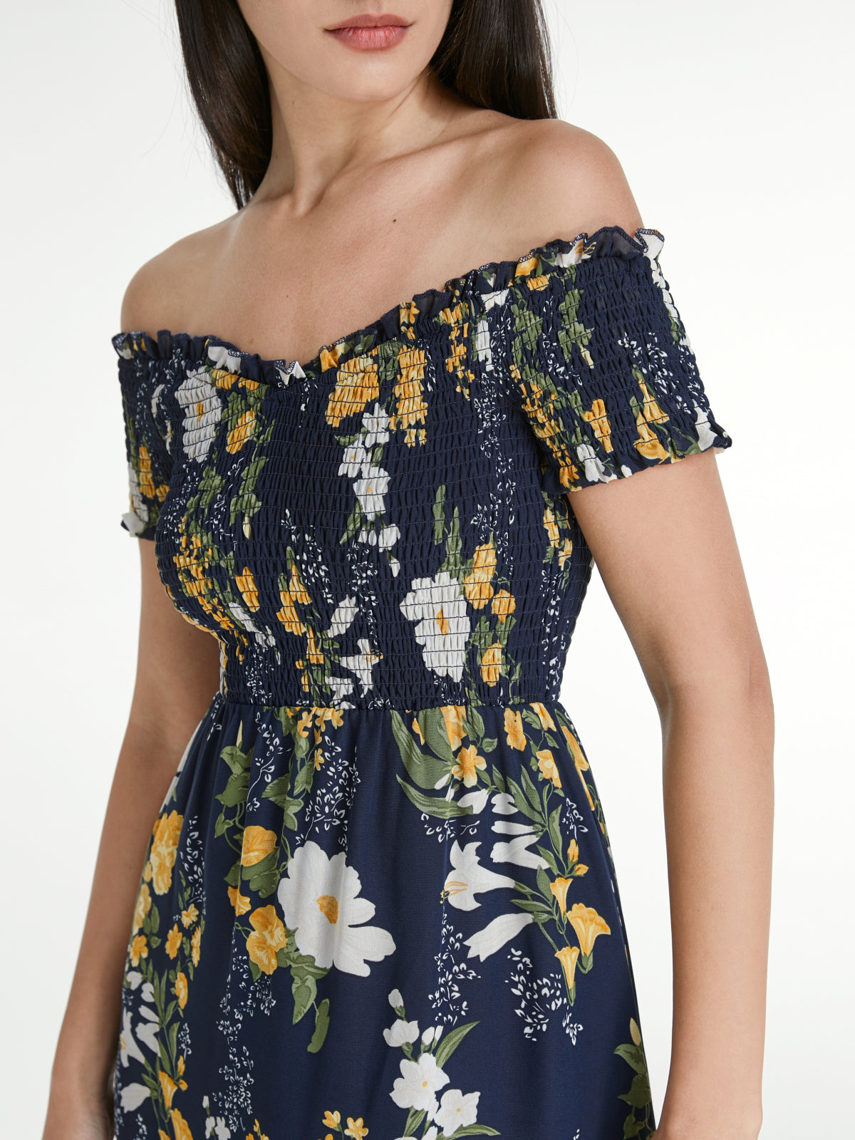 Thecomense - Off Shoulder Island Floral Ruffle Hem Mesh Midi Dress