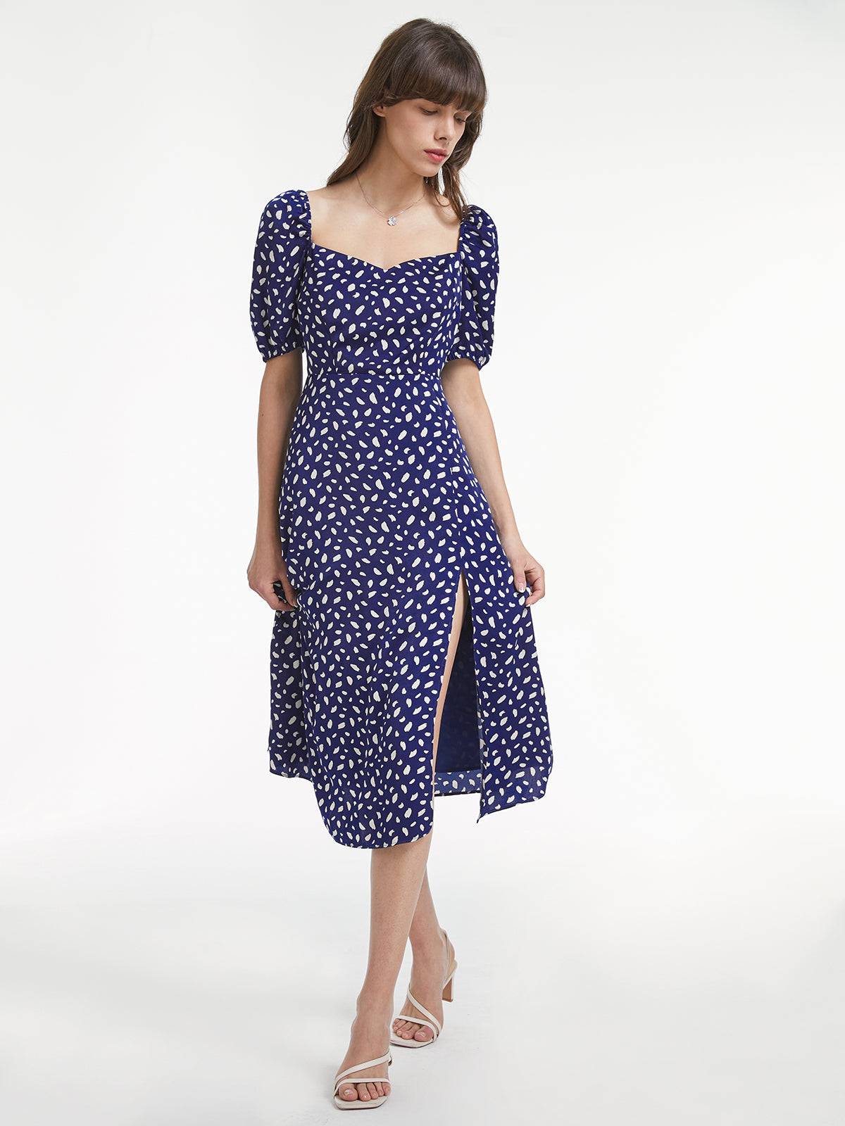 Thecomense - Light Petal Short Puff Sleeve Sweetheart Back Bowtie Slit Dress