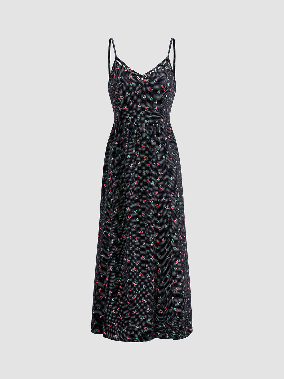 Thecomense - Floral Pleat Strap Midi Dress